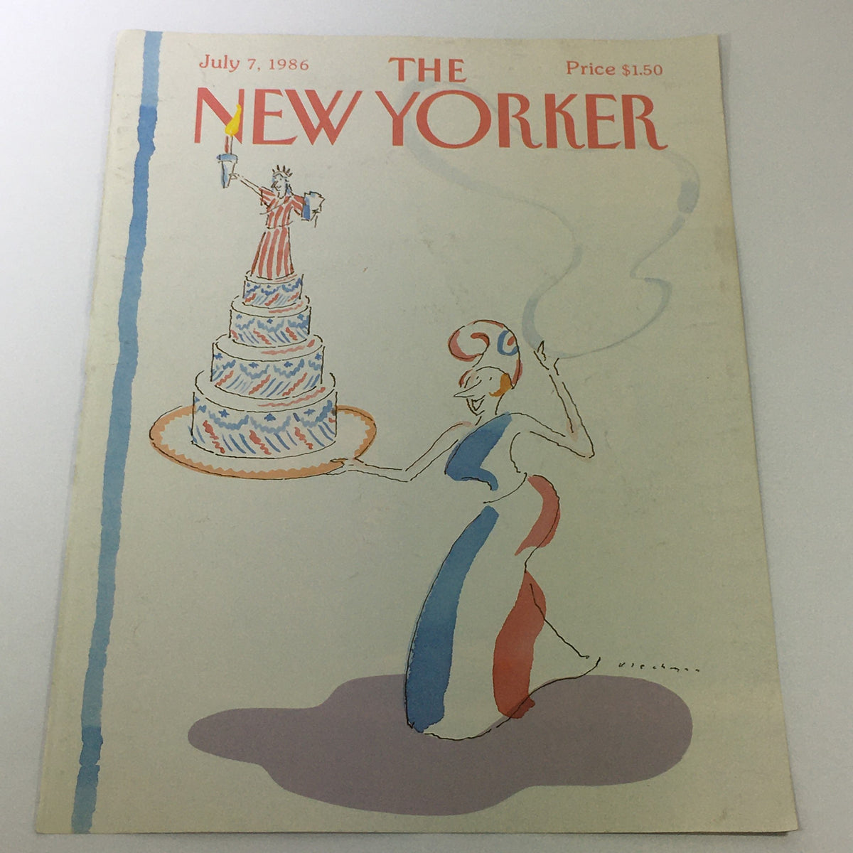 Cover of The New Yorker Magazine dated July 7, 1986, featuring a whimsical illustration of a woman in a colorful dress holding a cake with the Statue of Liberty on top.