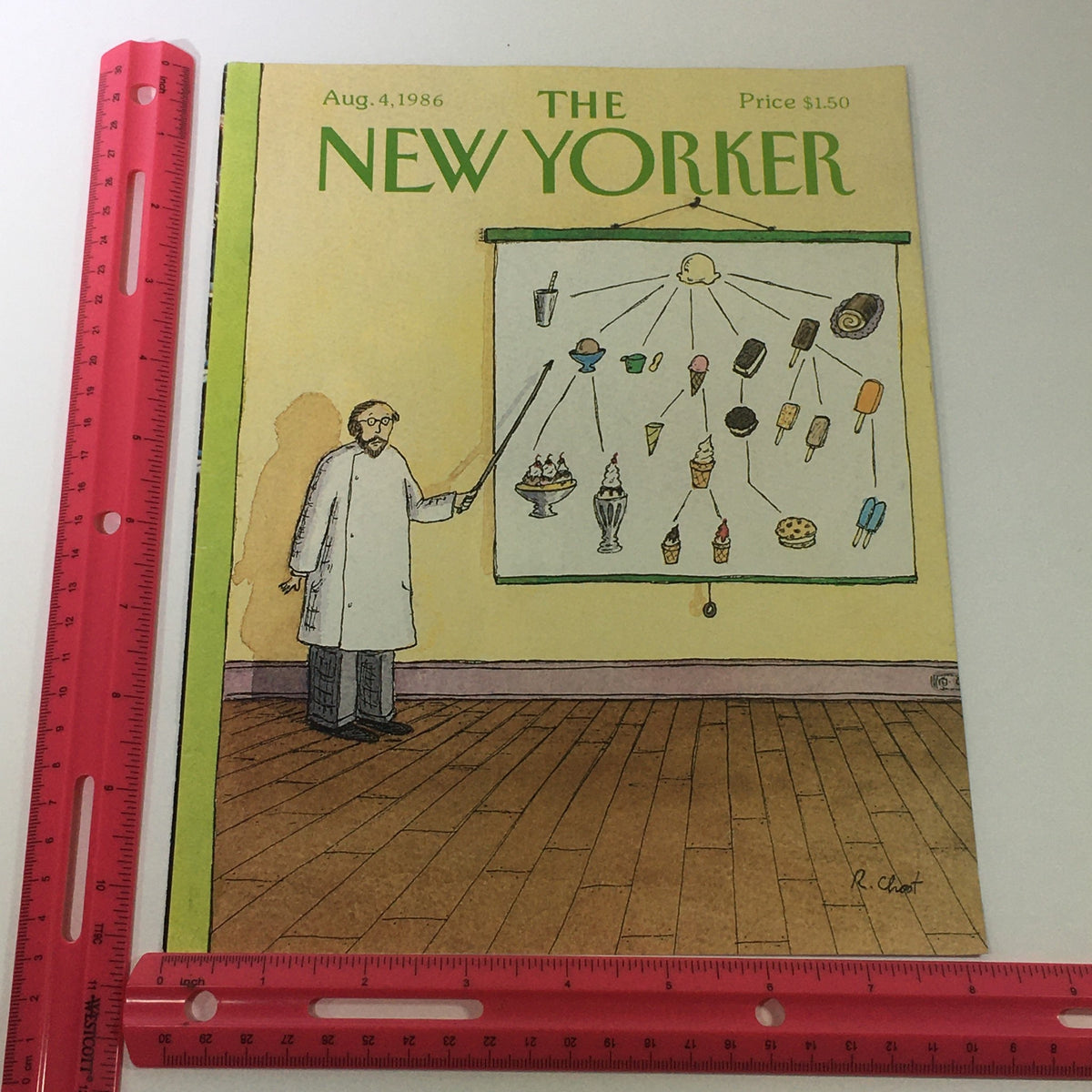 The New Yorker Magazine Cover August 4, 1986, showcasing Roz Chast's art, with a man in a laboratory coat displaying a detailed chart of ice creams and desserts, measuring about 10.12" x 8.3".