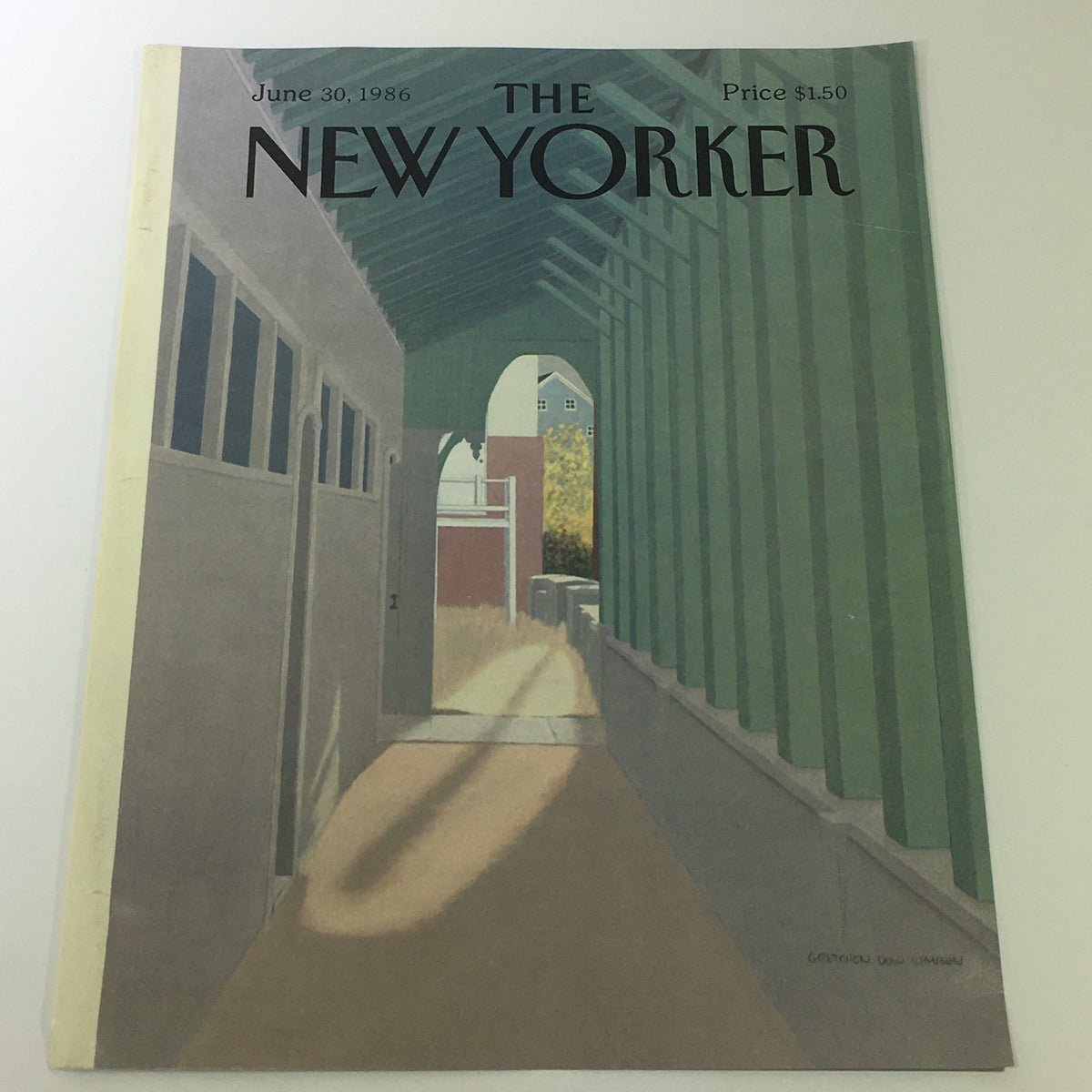Cover of The New Yorker Magazine from June 30, 1986 featuring artwork by Gretchen Dow Simpson, showcasing a hallway with green beams and soft light.