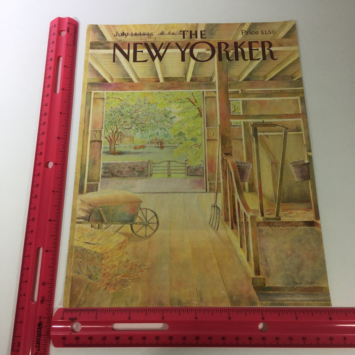 Cover only image of The New Yorker Magazine dated July 14, 1986, with Jenni Oliver's artwork. The photo includes a ruler for size reference, illustrating the barn scene with gentle colors and a nostalgic ambiance.