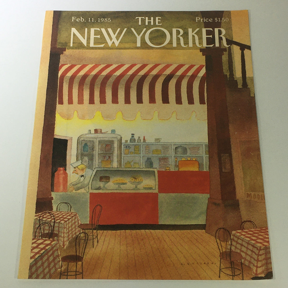 Cover of The New Yorker Magazine dated February 11, 1985, featuring a vintage illustration by Abel Quezada showcasing an interior scene with checkered tables and a dessert counter.