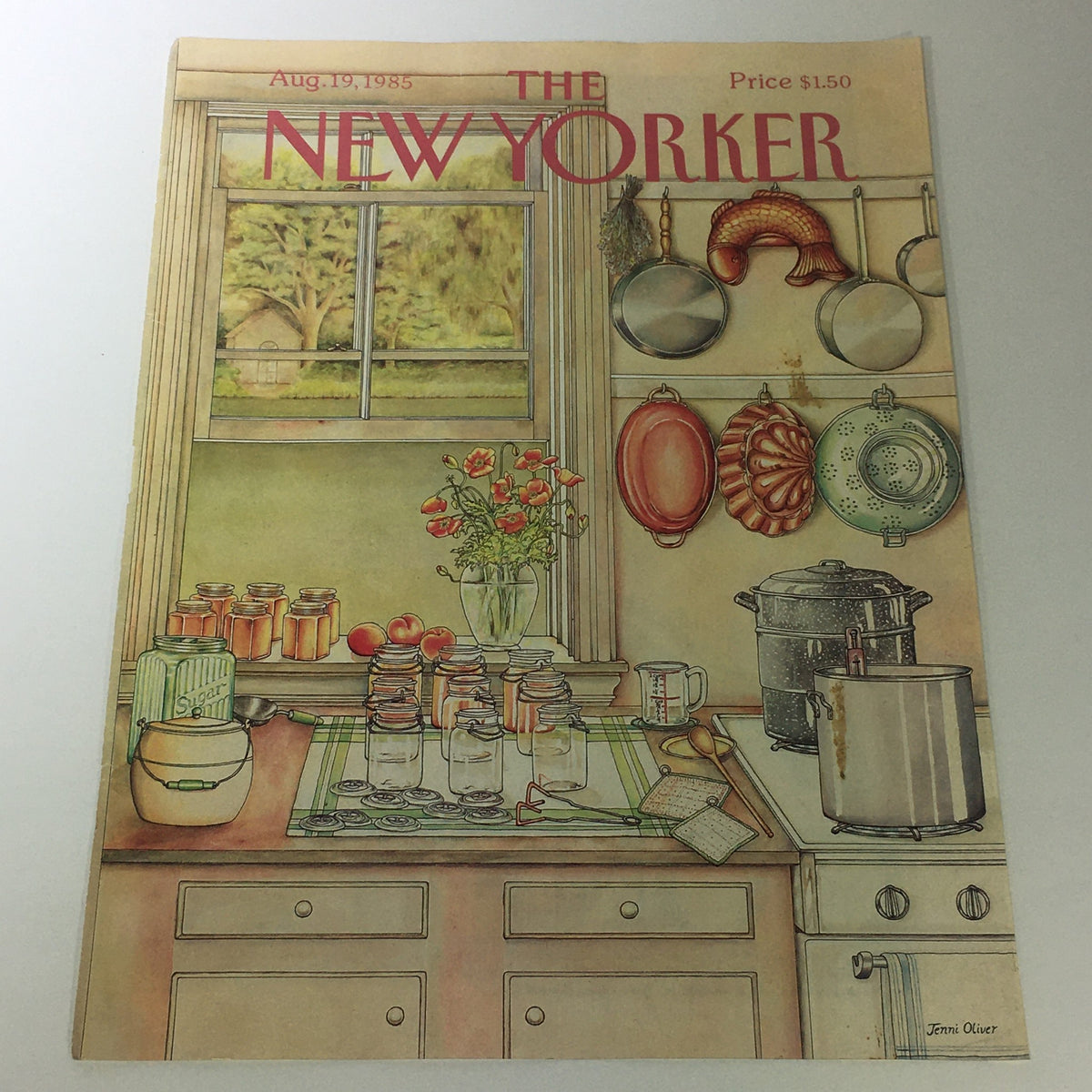 COVER ONLY - The New Yorker Magazine August 19 1985 - Jenni Oliver featuring a vintage kitchen scene with jars and cooking utensils