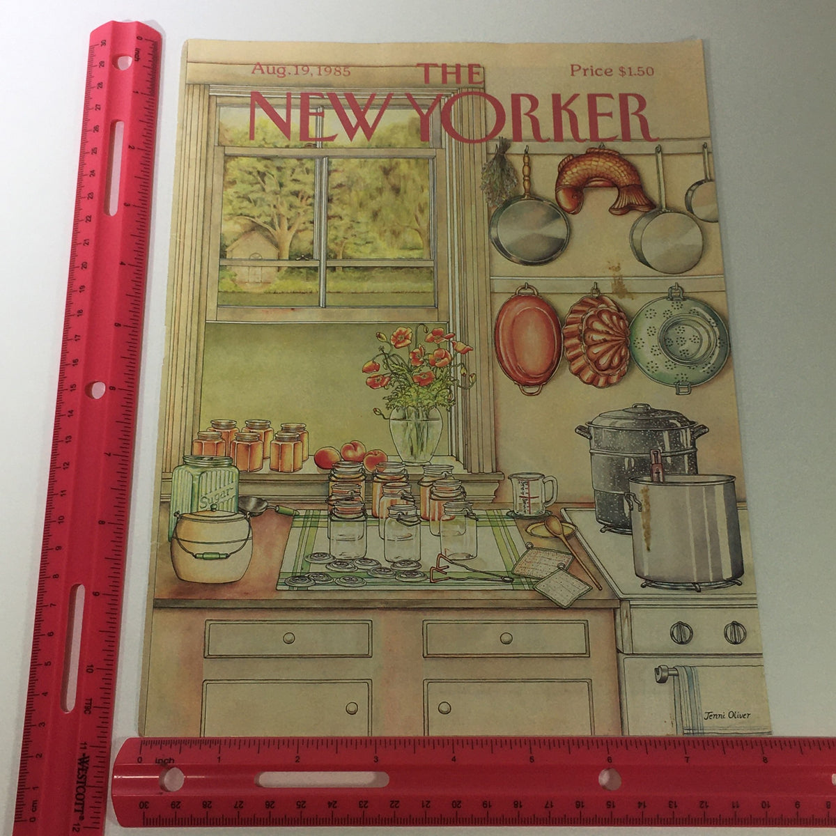 Vintage cover of The New Yorker Magazine dated August 19, 1985, illustrated by Jenni Oliver, featuring a charming kitchen scene with jars, apples, and pots, perfect for collectors of classic magazines.