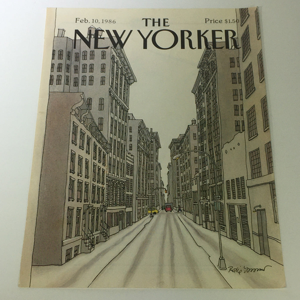 Cover of The New Yorker Magazine, February 10, 1986, illustrated by Roxie Munro, featuring a street scene in an urban setting with tall buildings.