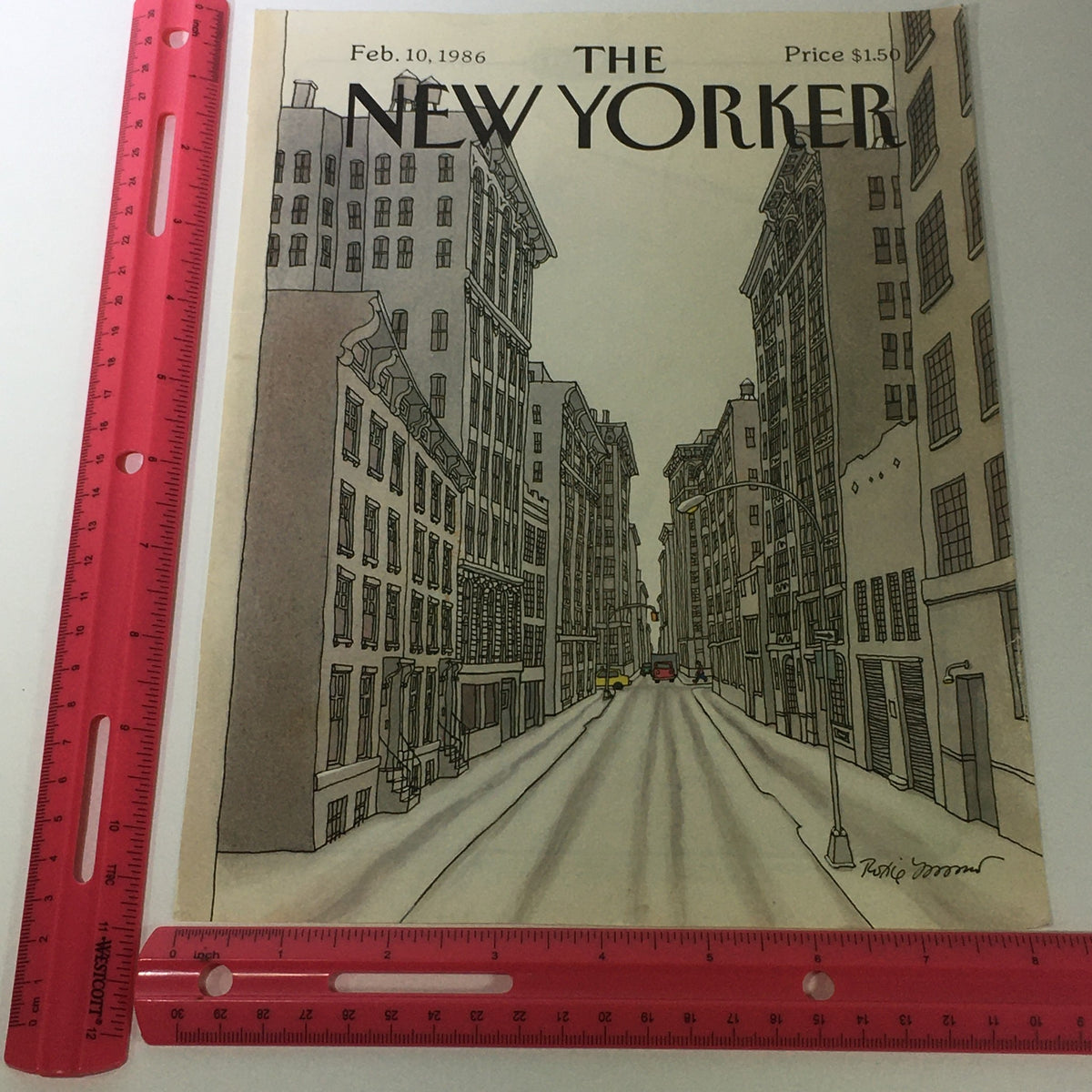 Cover of The New Yorker Magazine, February 10, 1986, illustrated by Roxie Munro, shown with a ruler for size reference, depicting an urban street view.