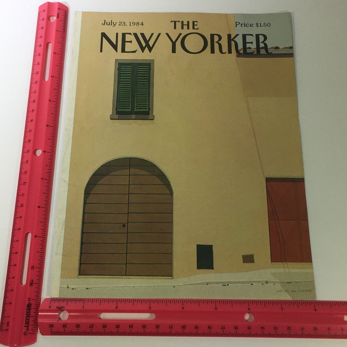 Cover of The New Yorker Magazine July 23, 1984 with a measuring ruler for scale, showcasing a minimalist design by Gretchen Dow Simpson featuring a building facade.
