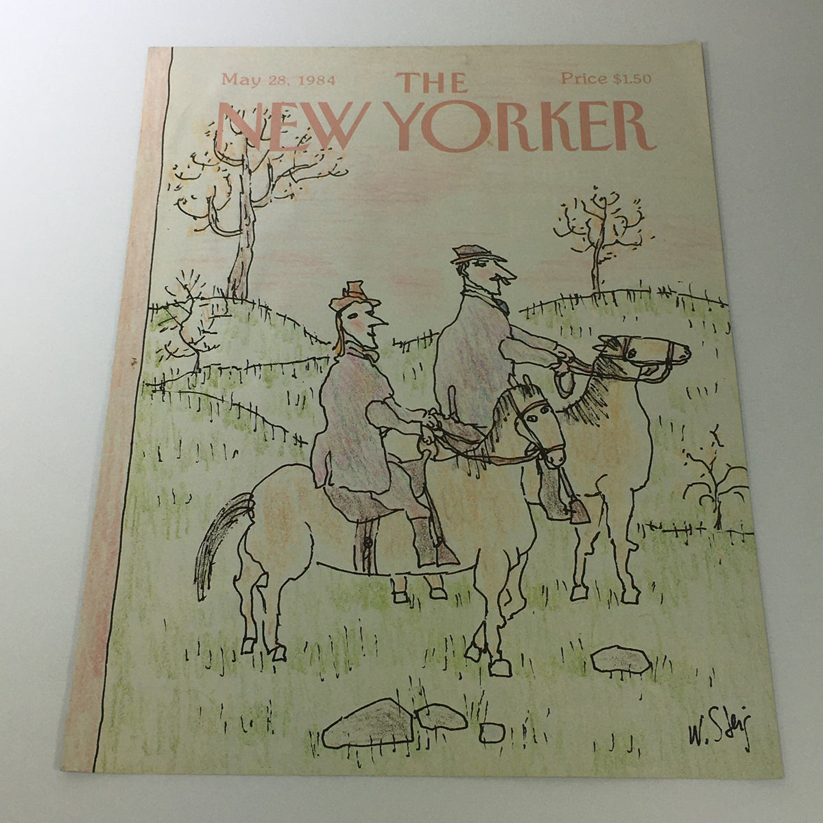 Cover of The New Yorker Magazine dated May 28, 1984, featuring an illustration by William Steig. The cover depicts two men on horseback in a grassy landscape, showcasing Steig's unique artistic style.