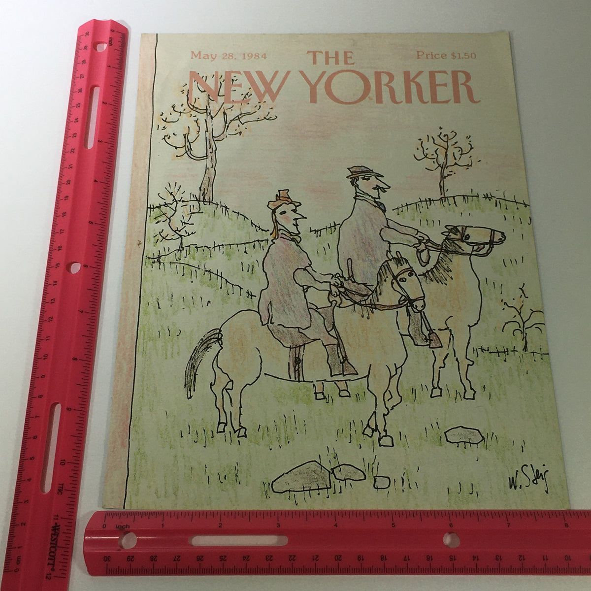 Cover of The New Yorker Magazine dated May 28, 1984, displayed alongside a ruler for size reference. The illustration by William Steig features two men on horses in a detailed outdoor scene.