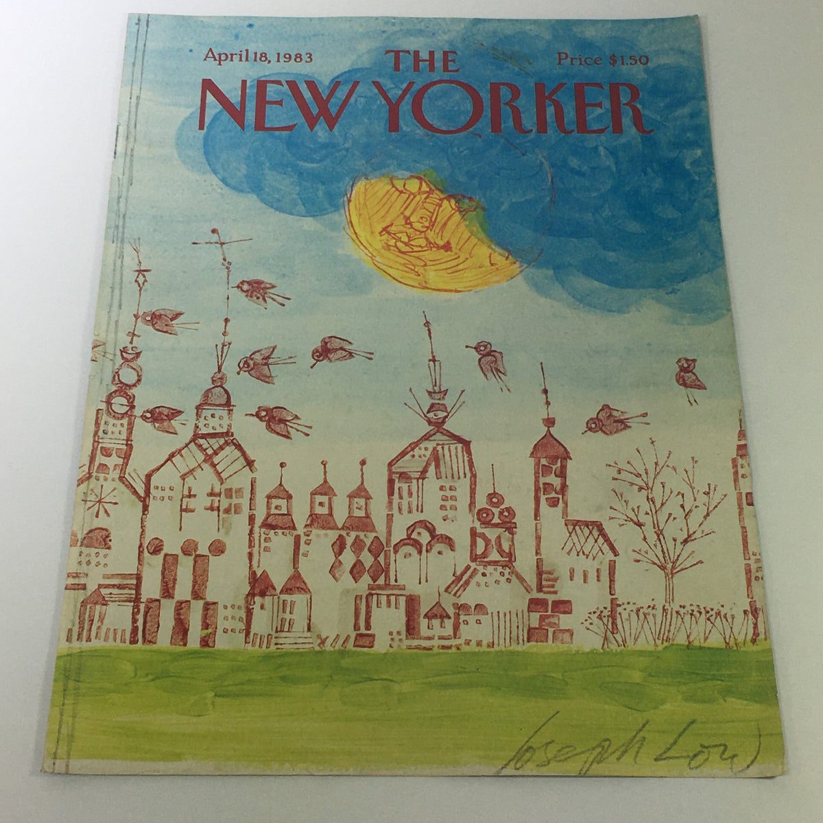 Cover art of The New Yorker Magazine dated April 18, 1983, illustrated by Joseph Low, featuring whimsical cityscape and birds.