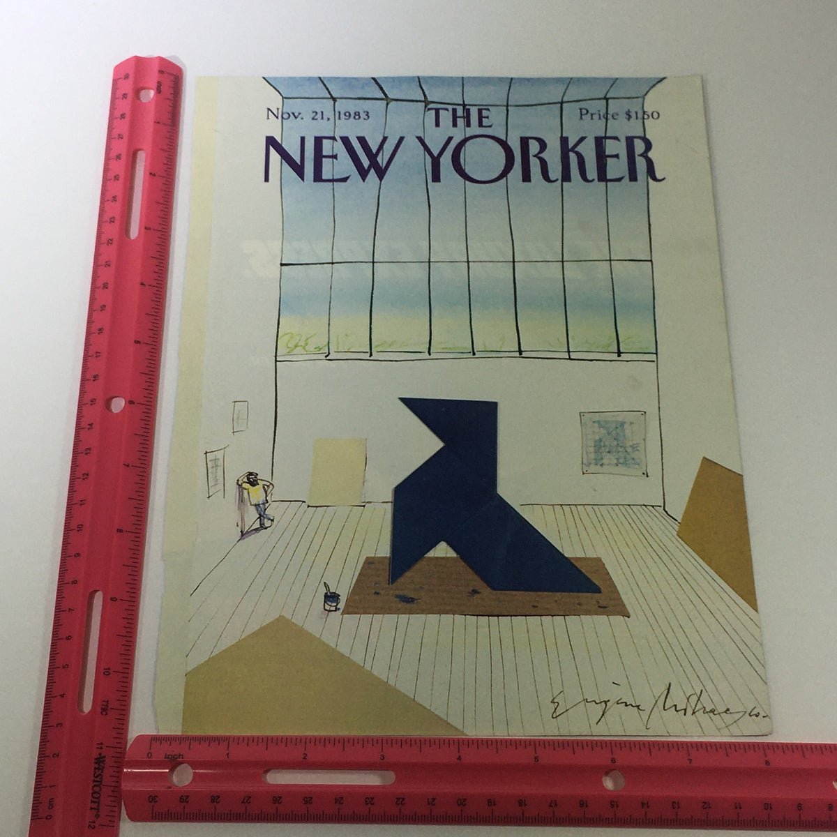 Cover of The New Yorker Magazine dated November 21, 1983, showcasing artwork by Eugene Mihaesco, illustrating a gallery scene with an abstract art piece and a person standing by a wall.