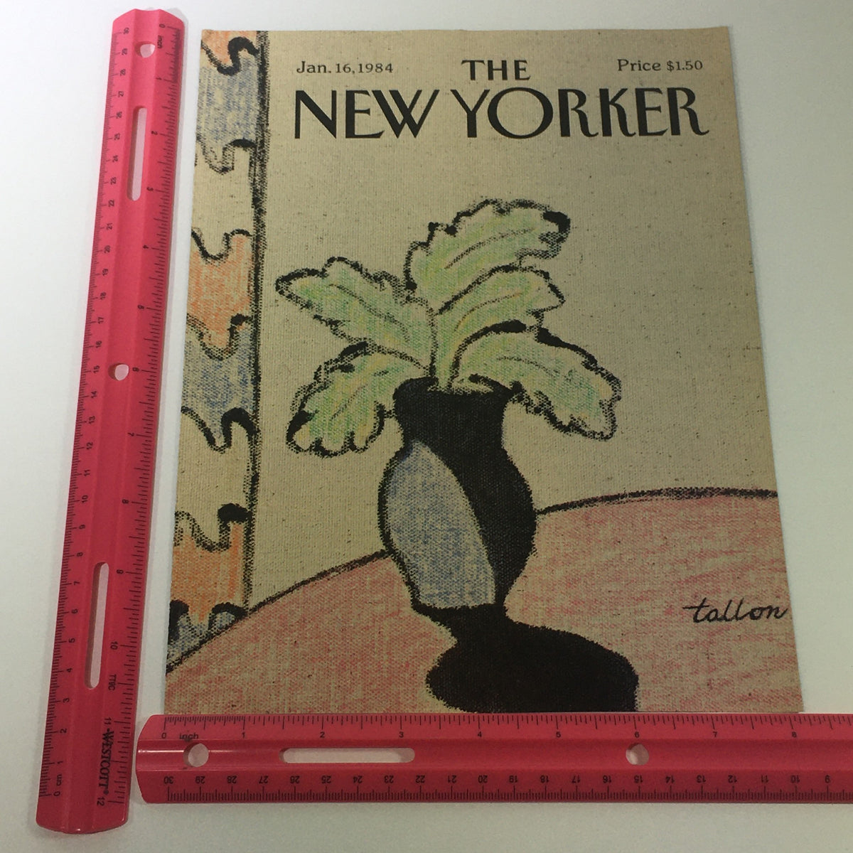 COVER ONLY - The New Yorker Magazine January 16, 1984, displayed next to a ruler for size reference, featuring artwork by Robert Tallon with a plant in a vase.