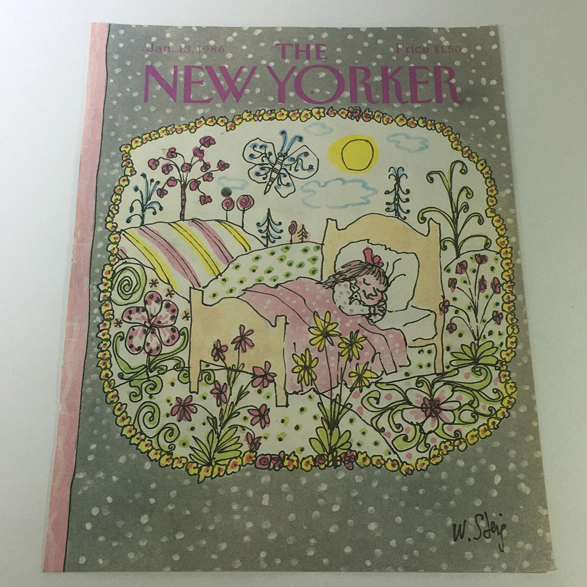 Cover of The New Yorker Magazine, January 13, 1986, featuring whimsical artwork by William Steig, depicting a child sleeping in a flower-filled bedroom.