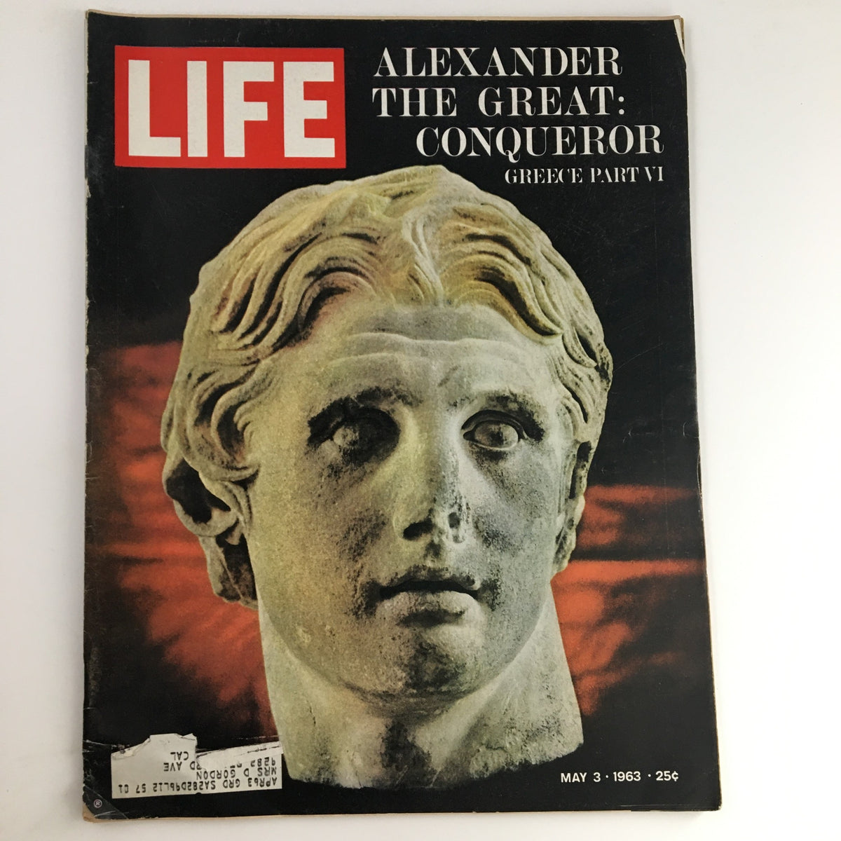Cover of Life Magazine dated May 3, 1963, featuring an image of a marble bust of Alexander the Great, titled 'Life Magazine May 3 1963 King Alexander The Great, Conqueror Greece Part VI', illustrating historical significance and artistic detail.