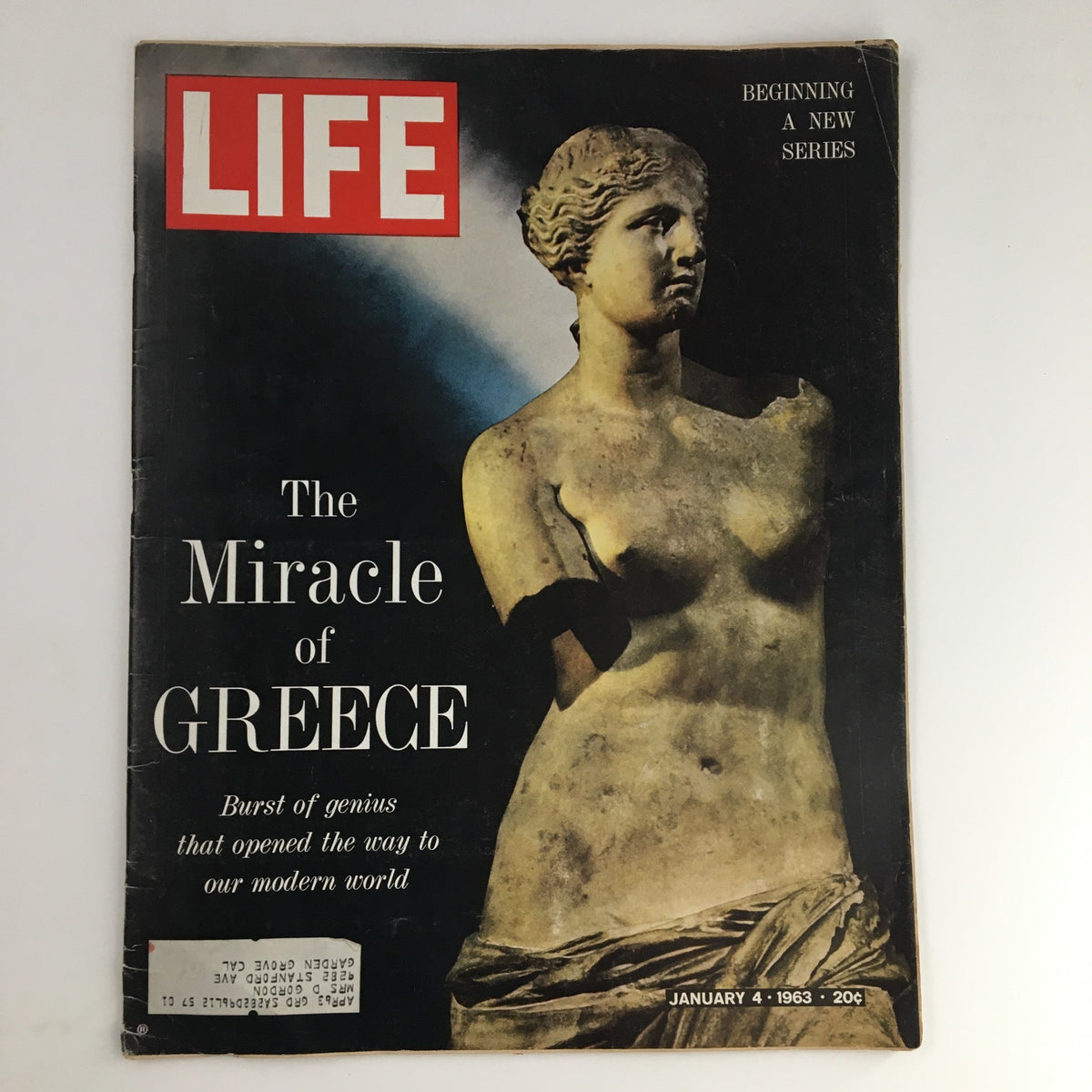 Cover of Life Magazine January 4 1963 titled The Miracle of Greece, featuring a classical Greek statue and a bold title highlighting Greek artistry and culture.