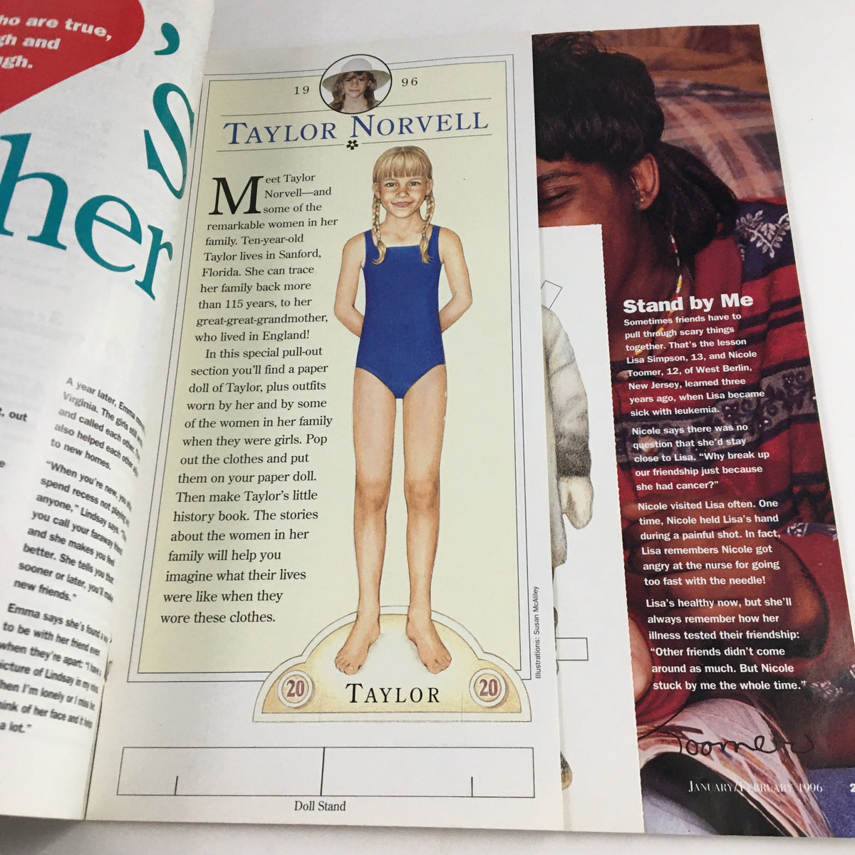 Inside page of American Girl Magazine January 1996 showcasing Taylor Norvell, including a pull-out paper doll section and history about her family.