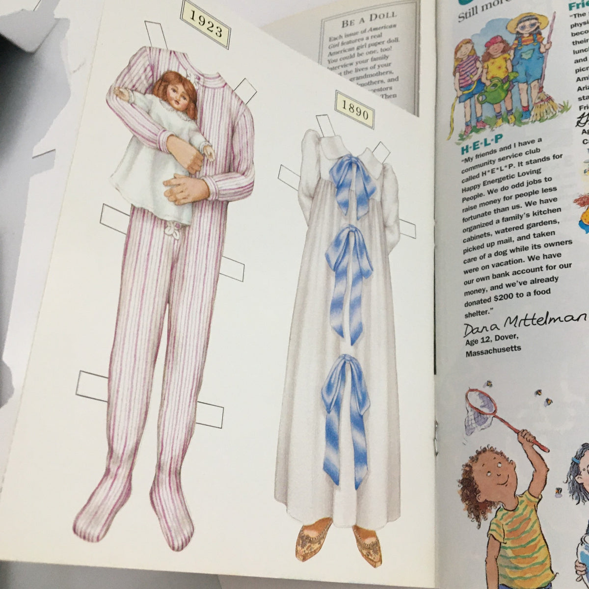 Cutout dolls from American Girl Magazine May 1996 displaying clothing styles from 1923 and 1890, offering a nostalgic glimpse into historical fashion for kids.