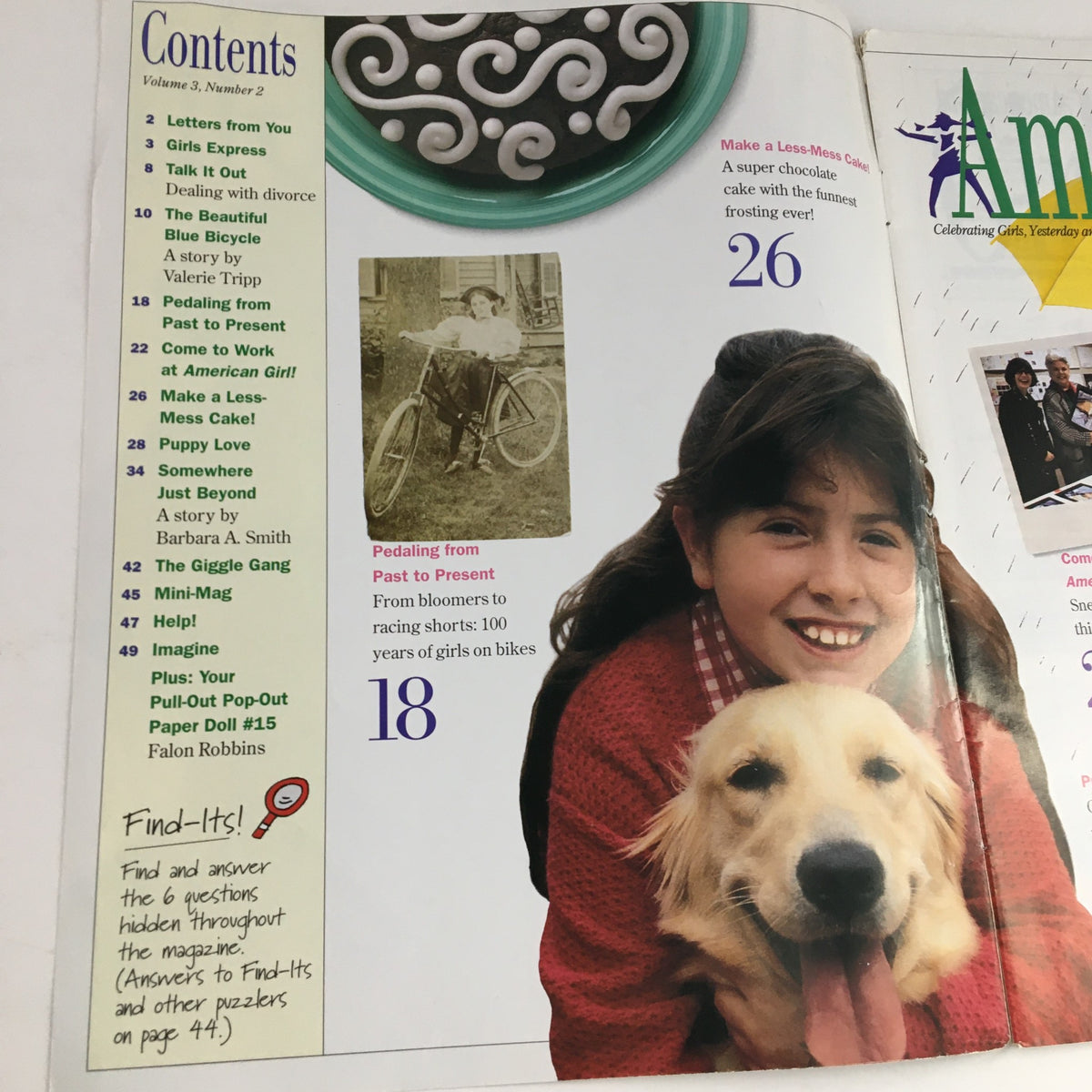 Contents page of American Girl Magazine March 1995 showing multiple article titles including 'Puppy Love' and 'Pedaling from Past to Present'.
