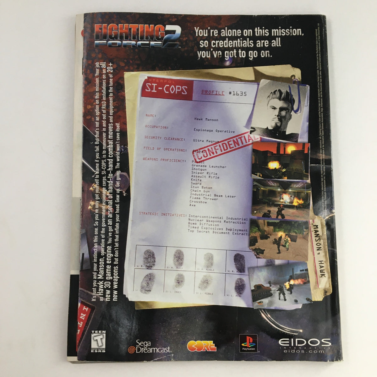 Back cover of PlayStation Magazine December 1999 showcasing a confidential character profile from the game Fighting Force 2.