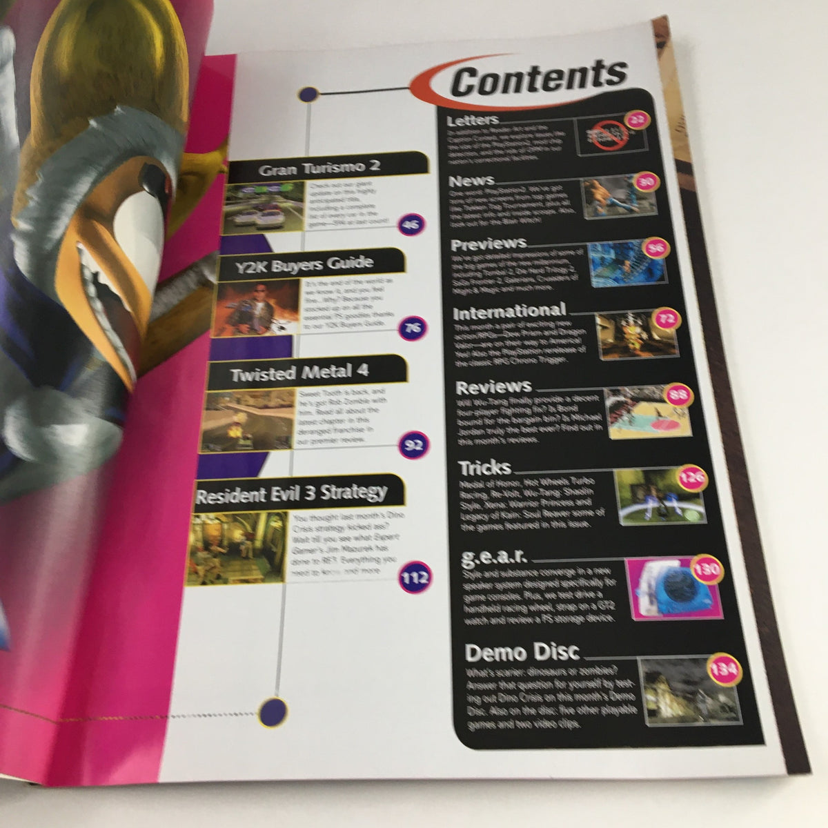Contents page of PlayStation Magazine January 2000 featuring Gran Turismo 2, Y2K Buyers Guide, Twisted Metal 4, Resident Evil 3 Strategy, and other gaming content.