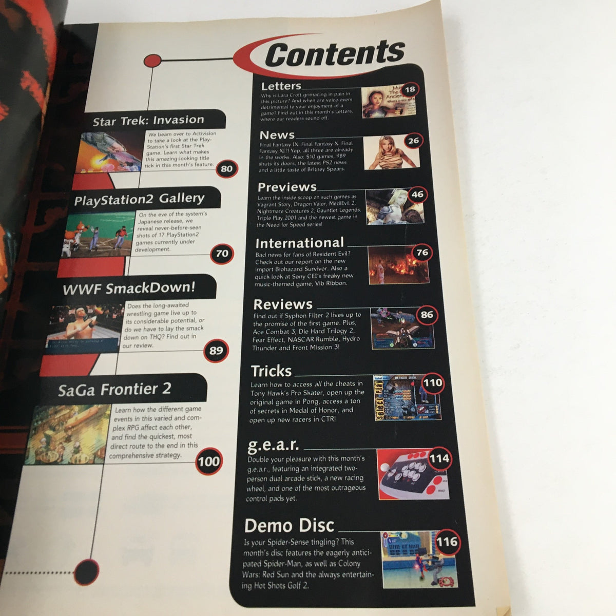 Contents page of PlayStation Magazine April 2000 listing featured articles including Star Trek Invasion, reviews, and game previews.
