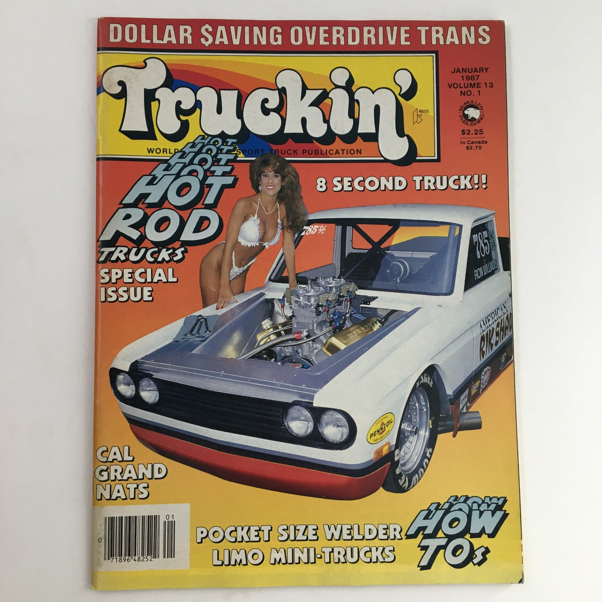 Cover of Truckin' Magazine January 1987 featuring a striking truck with a race engine, a model in a bikini, and headlines about hot rod trucks and the Cal Grand Nats, showcasing vintage automotive culture.