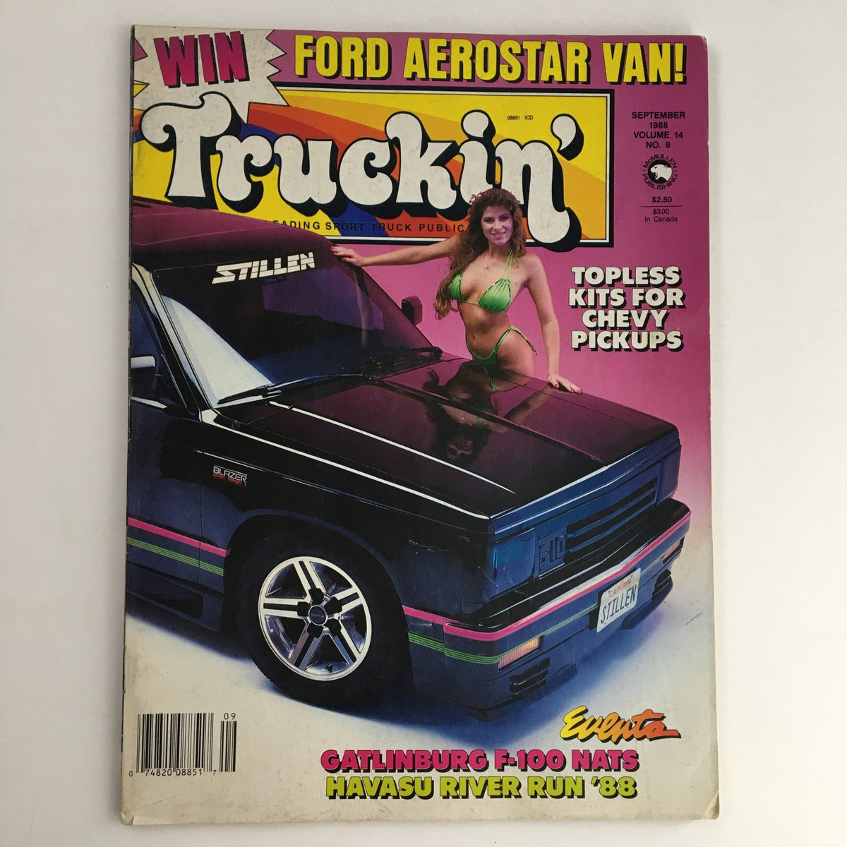 Cover of Truckin' Magazine September 1988 featuring a black truck and a model in a bikini, highlighting the Gatlinburg F-100 Nats and Havasu River Run.