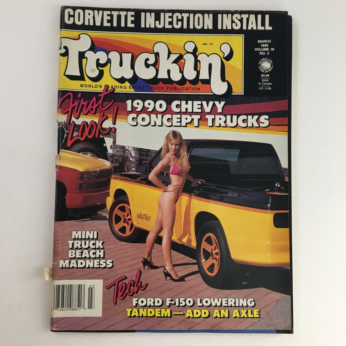 Cover of Truckin' Magazine March 1990 titled 'Truckin' Mini Truck Beach Madness'. Features a bright yellow Chevy truck, a model in a pink bikini, and articles on concept trucks, mini truck culture, and tech tips like Ford F-150 lowering.
