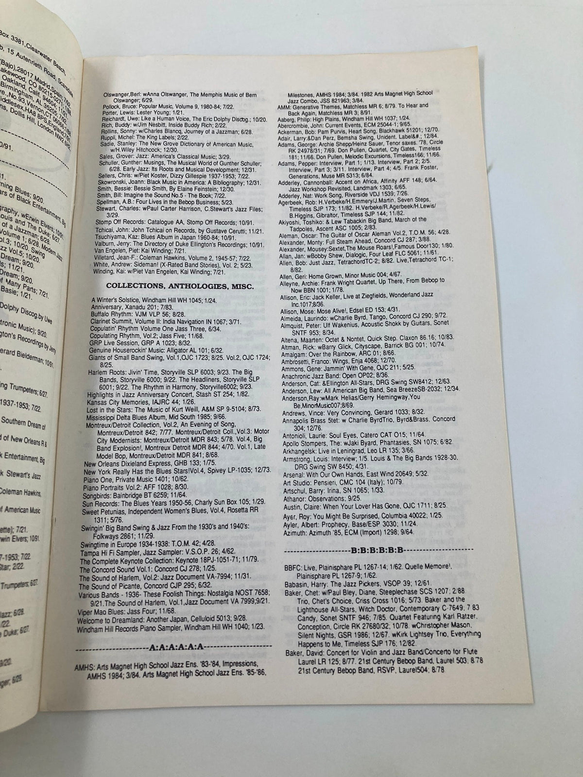 Interior page of the Cadence Jazz Magazine Index for the Year 1986 compiled by Tom Lord, featuring detailed listings and collections of jazz artists, albums, and events from that year, emphasizing its significance for jazz enthusiasts and collectors.