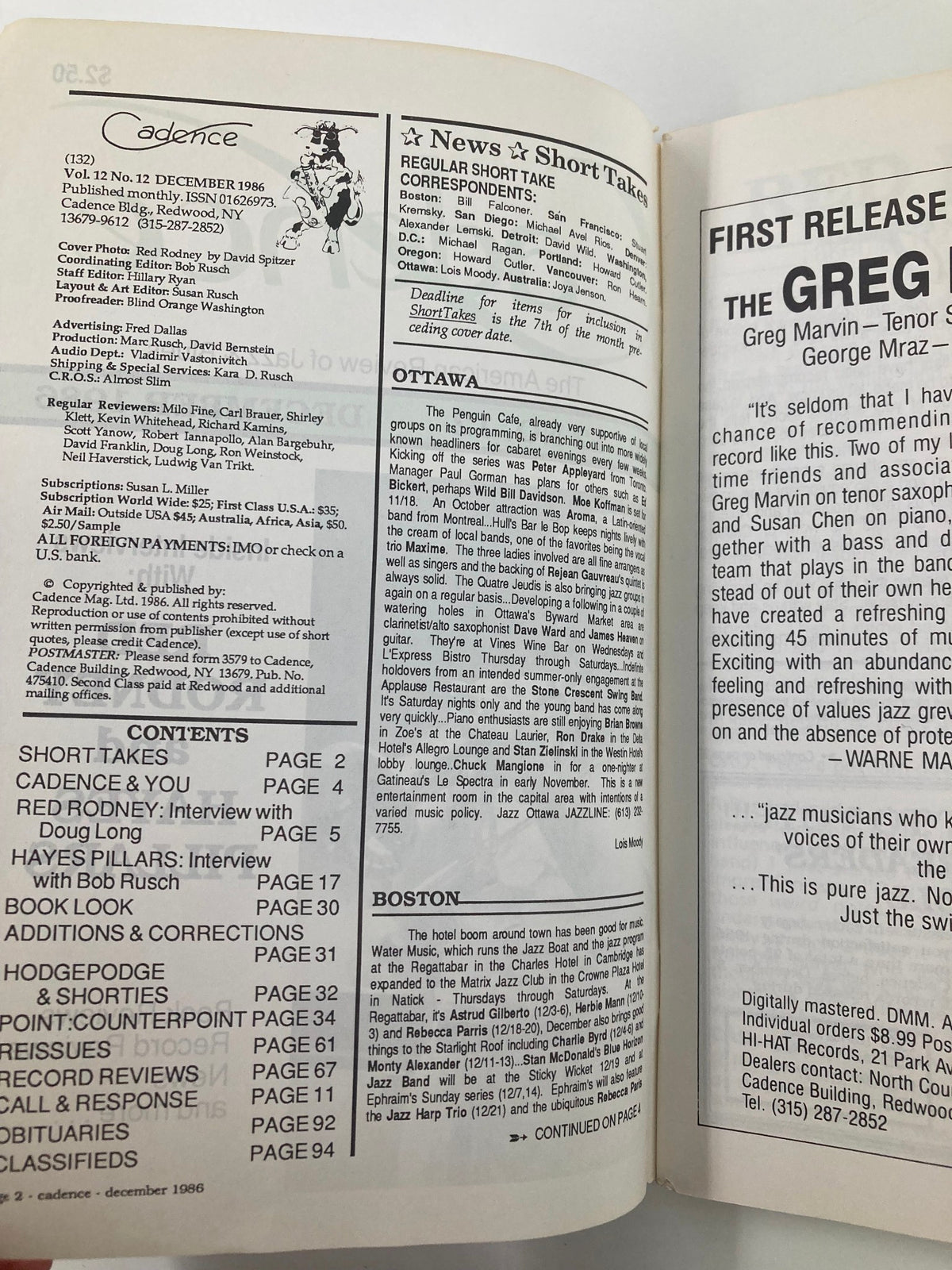 Interior page of VTG Cadence Jazz Magazine December 1986 Vol 12 #12 showcasing the contents and articles including interviews with Red Rodney and Hayes Pillars.