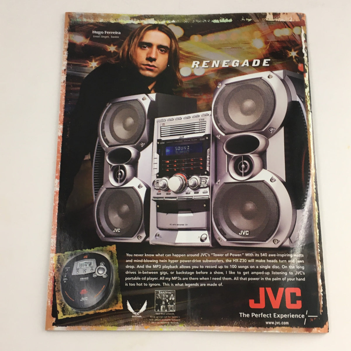 WWE Raw Magazine January 2004 includes an advertisement for JVC audio equipment, blending pop culture with wrestling themes.