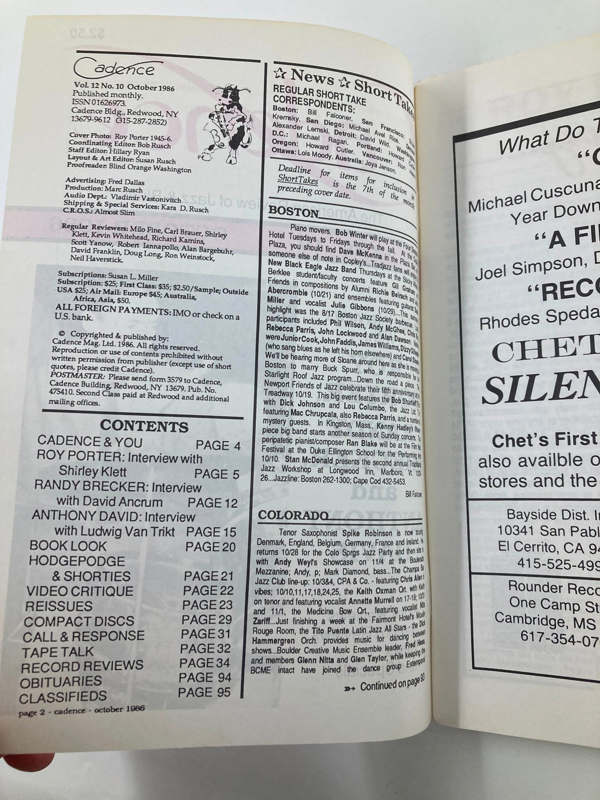 Inside page of VTG Cadence Jazz Magazine October 1986 Vol 12 #10 displaying the table of contents and details about the magazine's publication and contributors.