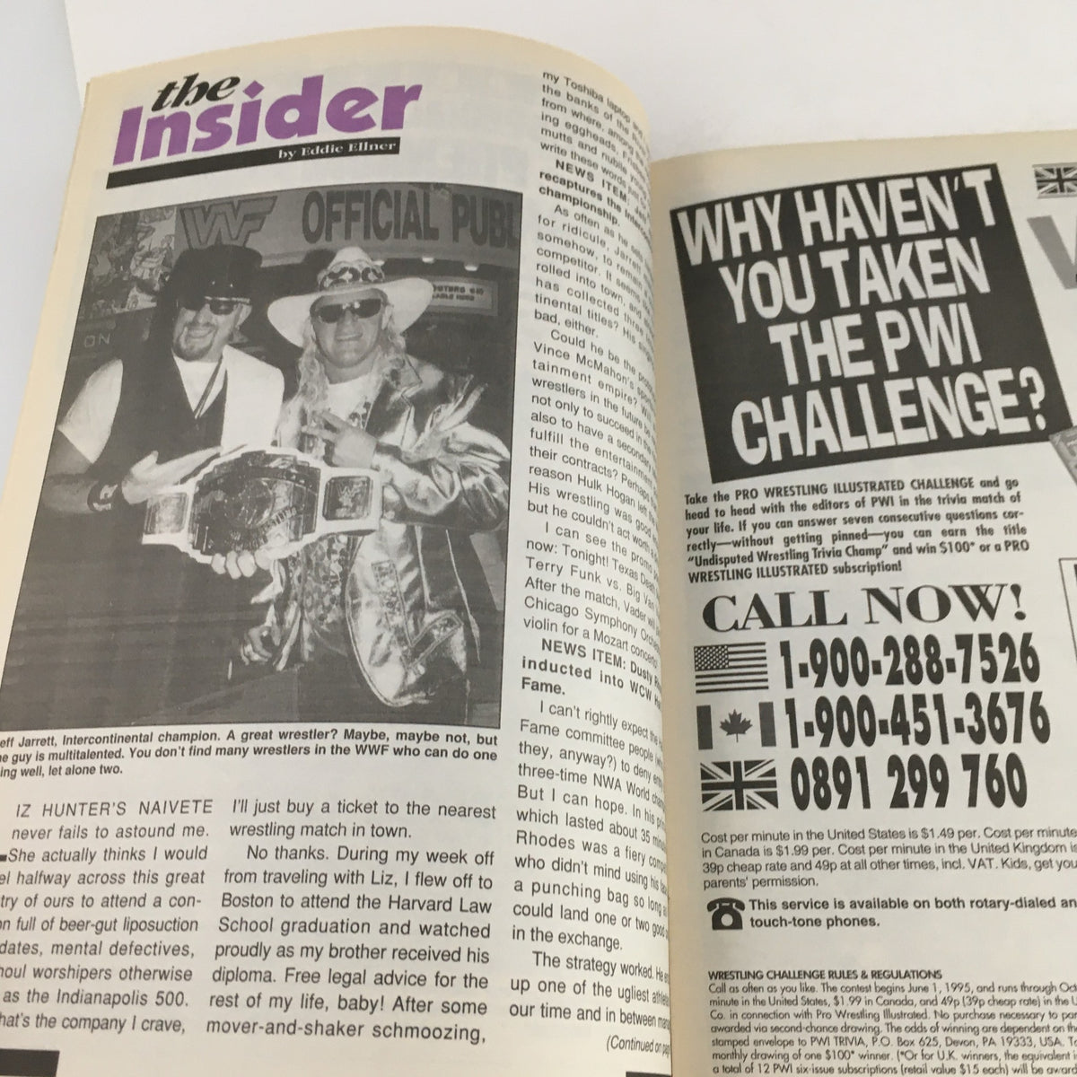 Page from Inside Wrestling Magazine, October 1995, featuring The Insider column by Eddie Ellner with images of wrestlers, showcasing wrestling industry insights.