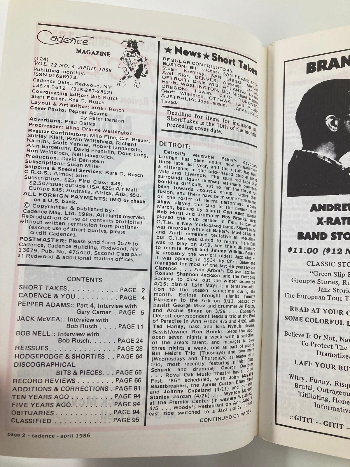 Interior page of VTG Cadence Jazz Magazine April 1986 displaying the contents section, including features on Pepper Adams, Jack McVea, and Bob Nell, along with various articles and sections related to jazz music.