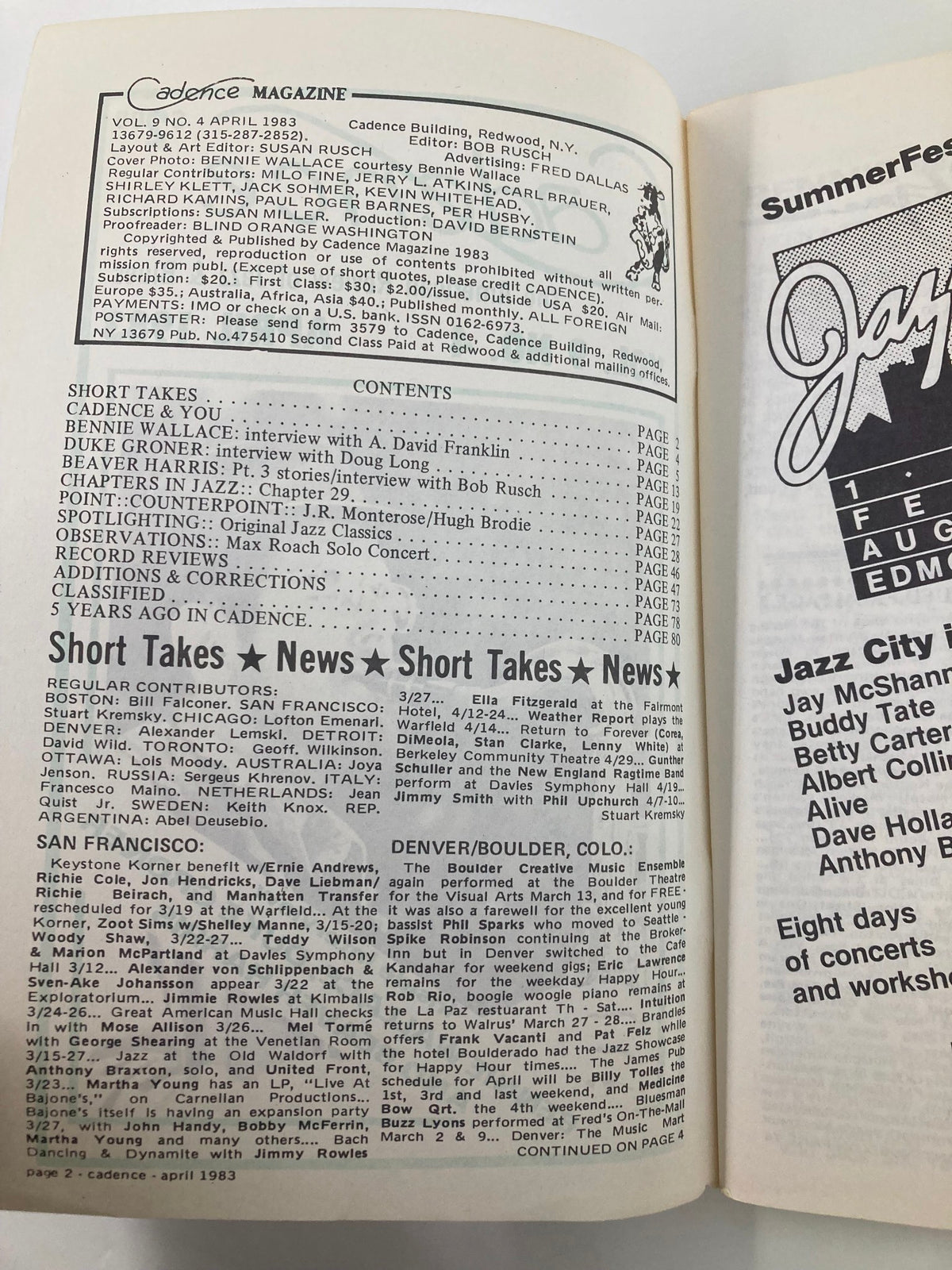 Interior page of VTG Cadence Jazz Magazine April 1983 Vol 9 #4 displaying content listings, including interviews with jazz musicians, capturing the essence of jazz culture in the 1980s.