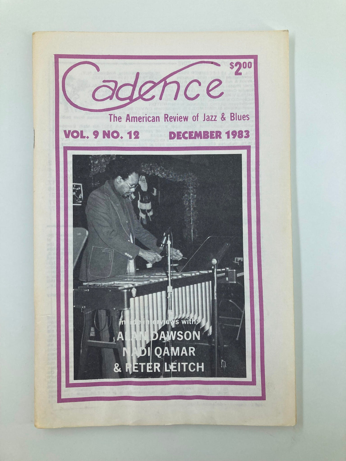 Cover of VTG Cadence Jazz Magazine December 1983 Vol 9 #12 featuring an image of a musician performing. The cover highlights interviews with Adam Dawson, Nadi Qamar, and Peter Leitch.