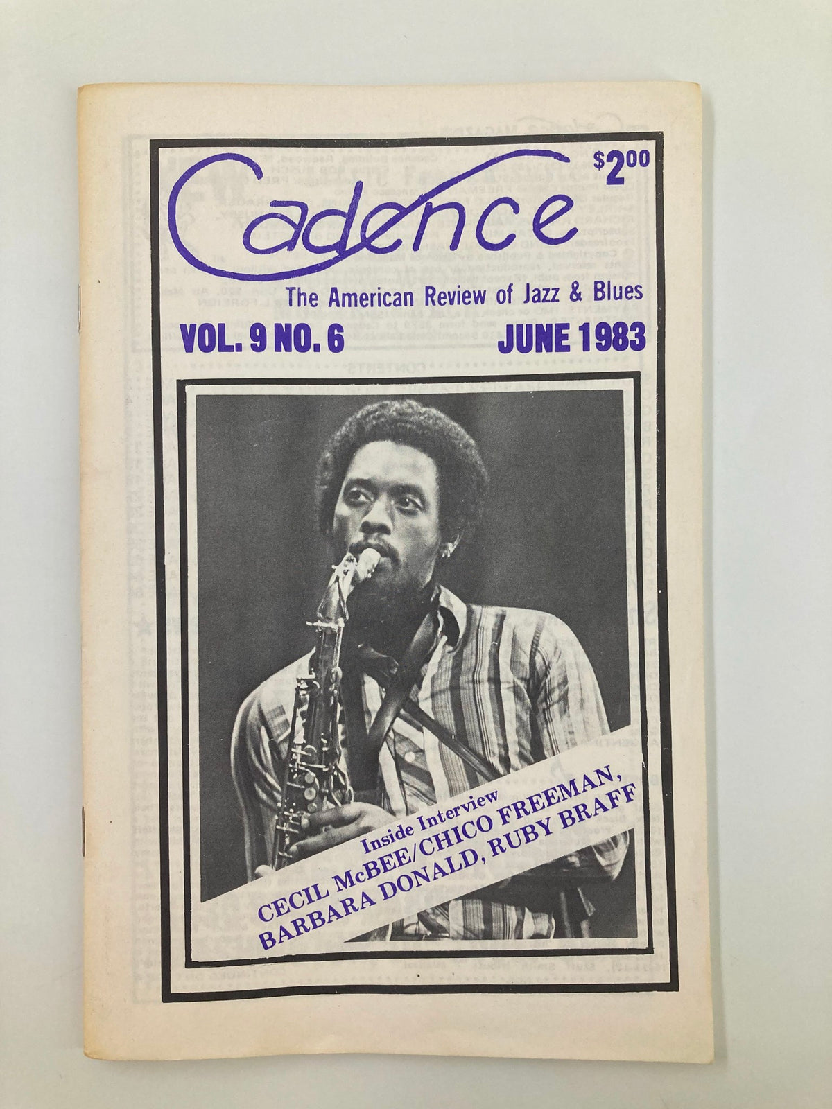 VTG Cadence Jazz Magazine June 1983 Vol 9 #6 featuring Cecil McBee and Chico Freeman on the cover, showcasing a saxophonist in a black and white photo.