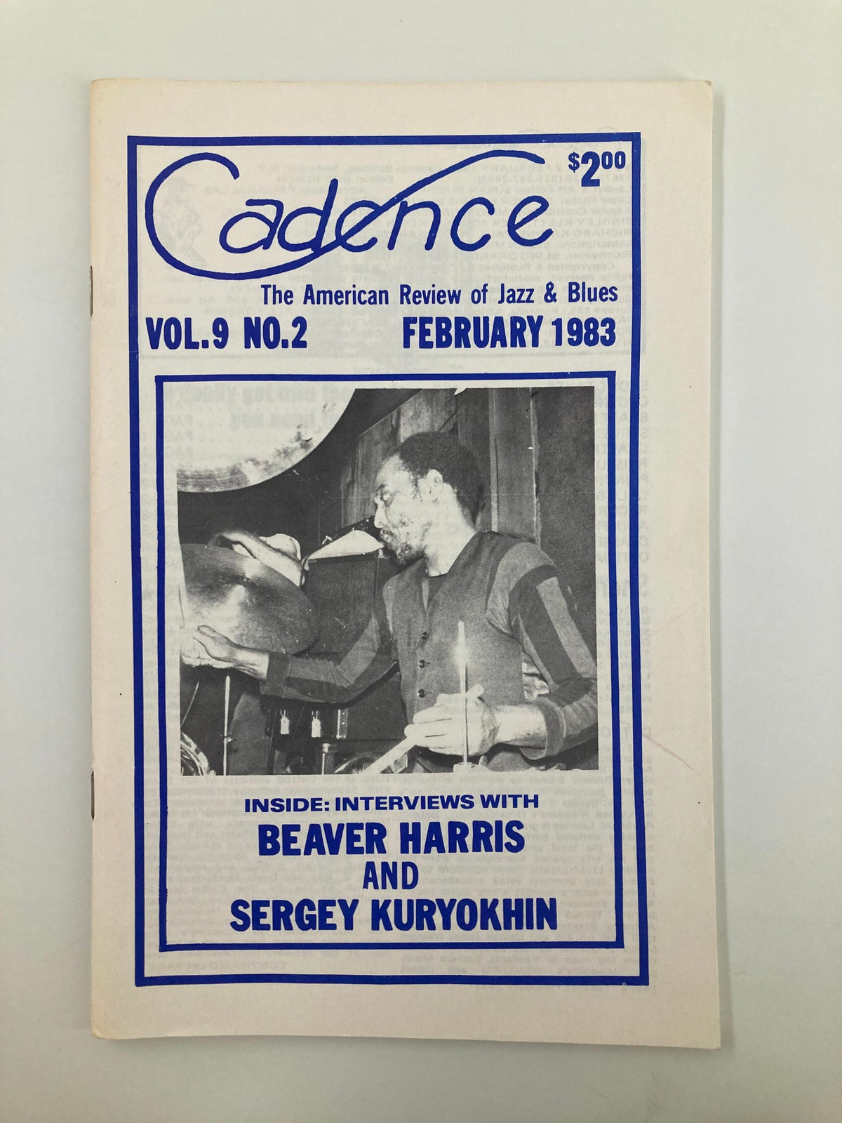 Cover of Cadence Jazz Magazine February 1983, Vol 9 No 2 showcasing interviews with Beaver Harris and Sergey Kuryokhin, featuring jazz-themed graphics and pricing information.
