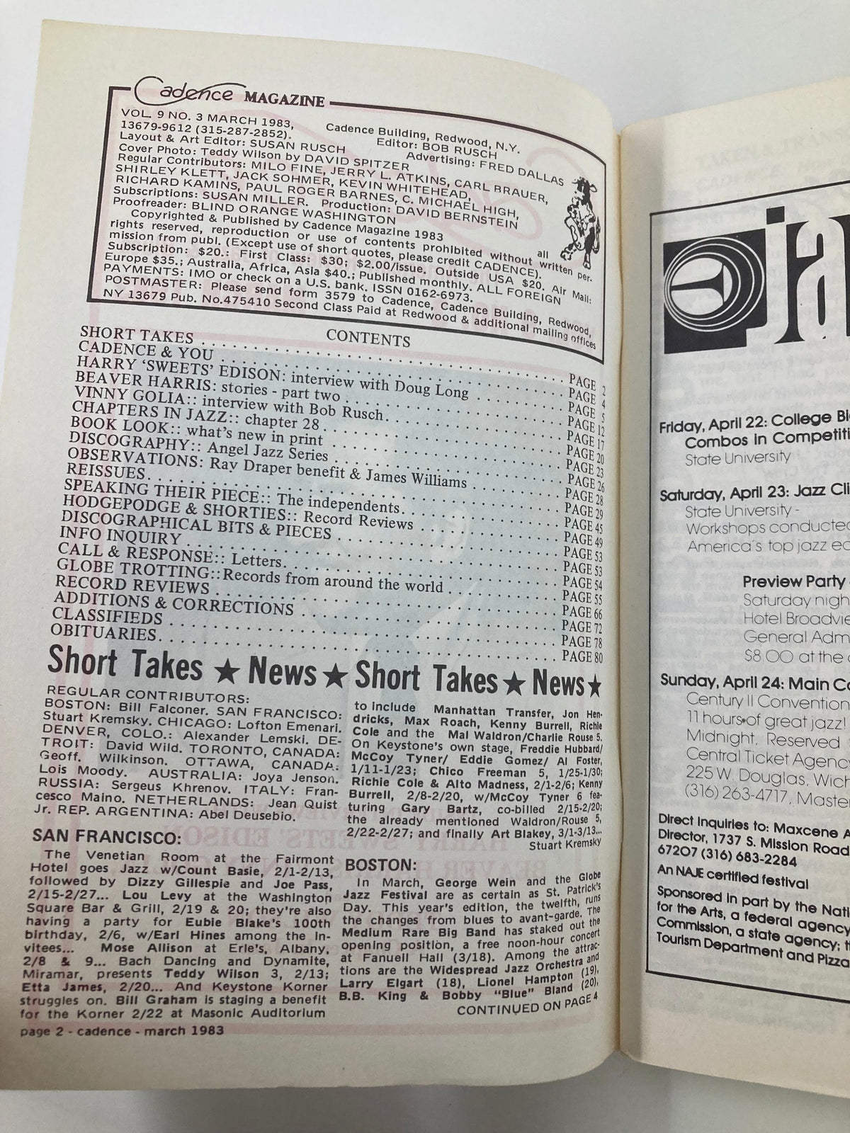 Interior page from the VTG Cadence Jazz Magazine March 1983 Vol 9 #3 featuring the table of contents and contributors including Harry Edison and Beaver Harris, showcasing various jazz articles and events.