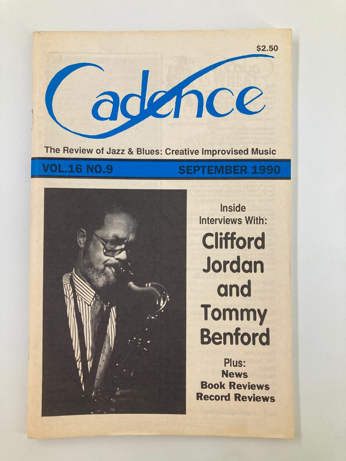 Cadence Jazz Magazine September 1990 Vol 16 #9 featuring interviews with Clifford Jordan and Tommy Benford, showcasing jazz culture of the late 20th century.