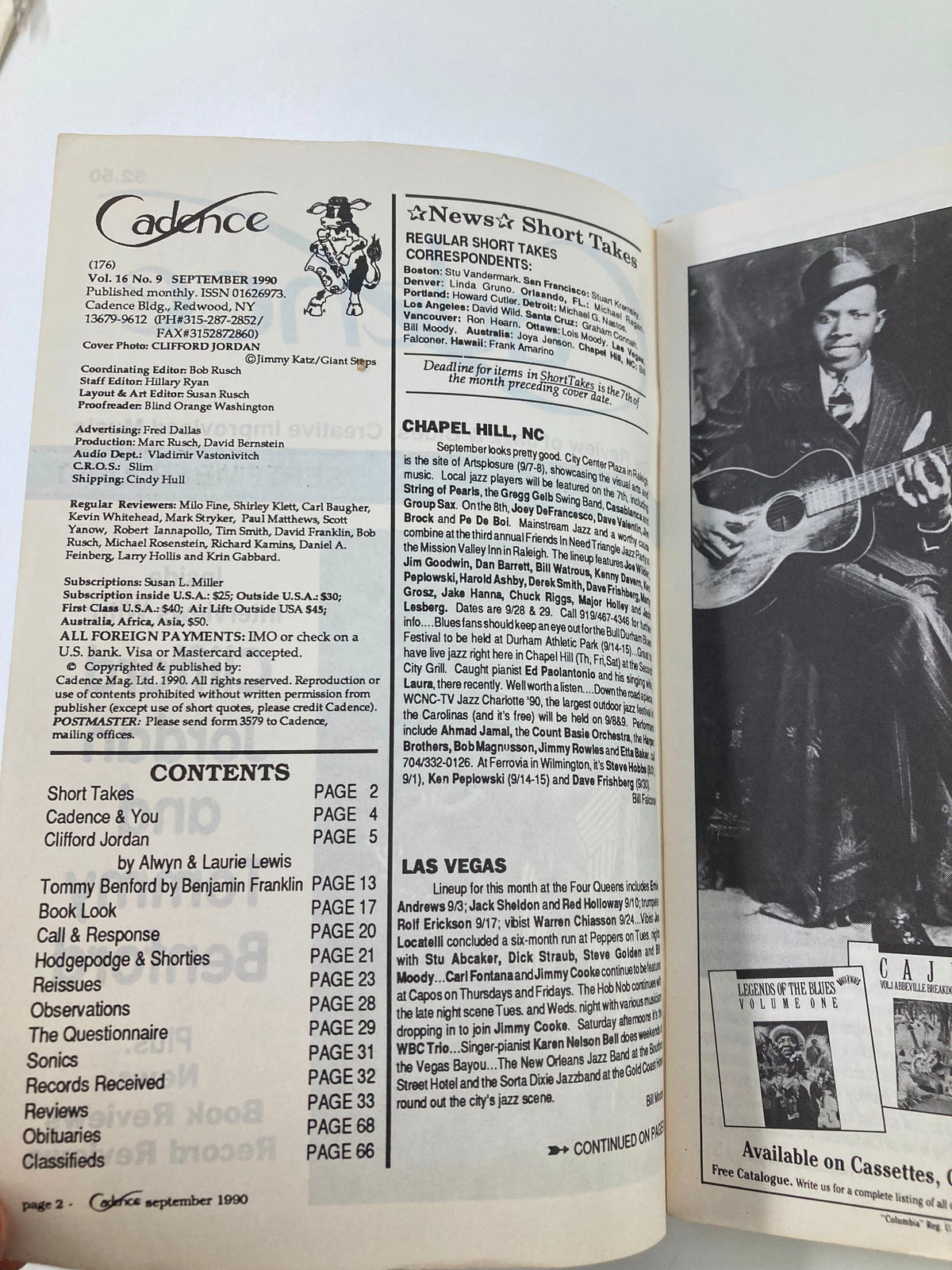Inside page of Cadence Jazz Magazine September 1990 Vol 16 #9, highlighting articles and contents including profiles of jazz musicians and industry news.