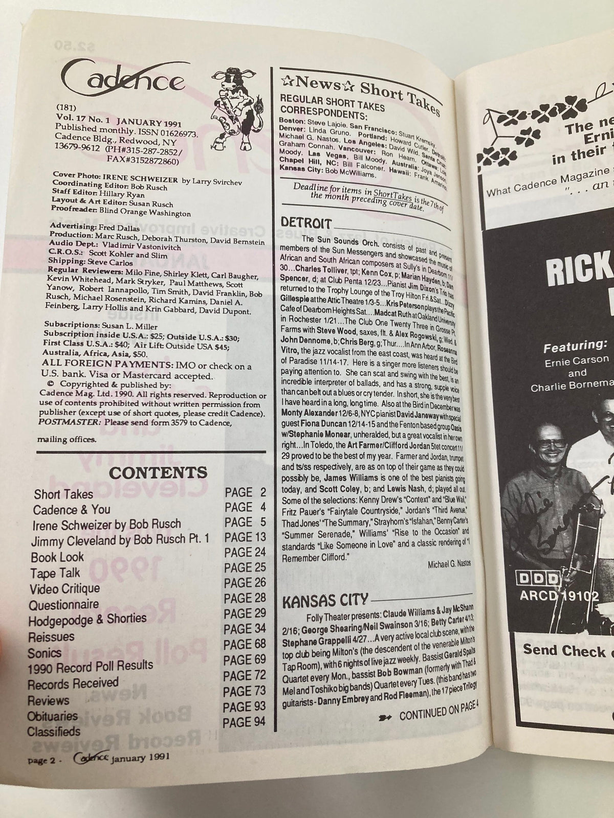 Inside page of Cadence Jazz Magazine January 1991 Vol 17 #1, displaying the contents section including articles on Irene Schweizer, Jimmy Cleveland, and various jazz-related topics. The layout includes text and graphics related to the magazine's editorial structure.