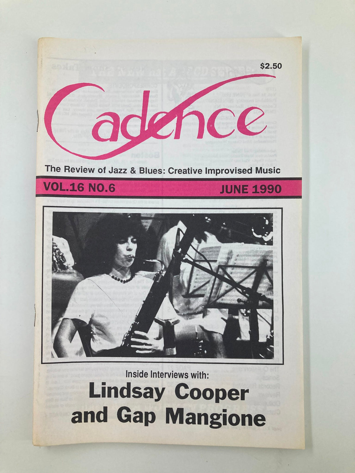 Cover of Cadence Jazz Magazine June 1990 Vol 16 #6 featuring interviews with musicians Lindsay Cooper and Gap Mangione.