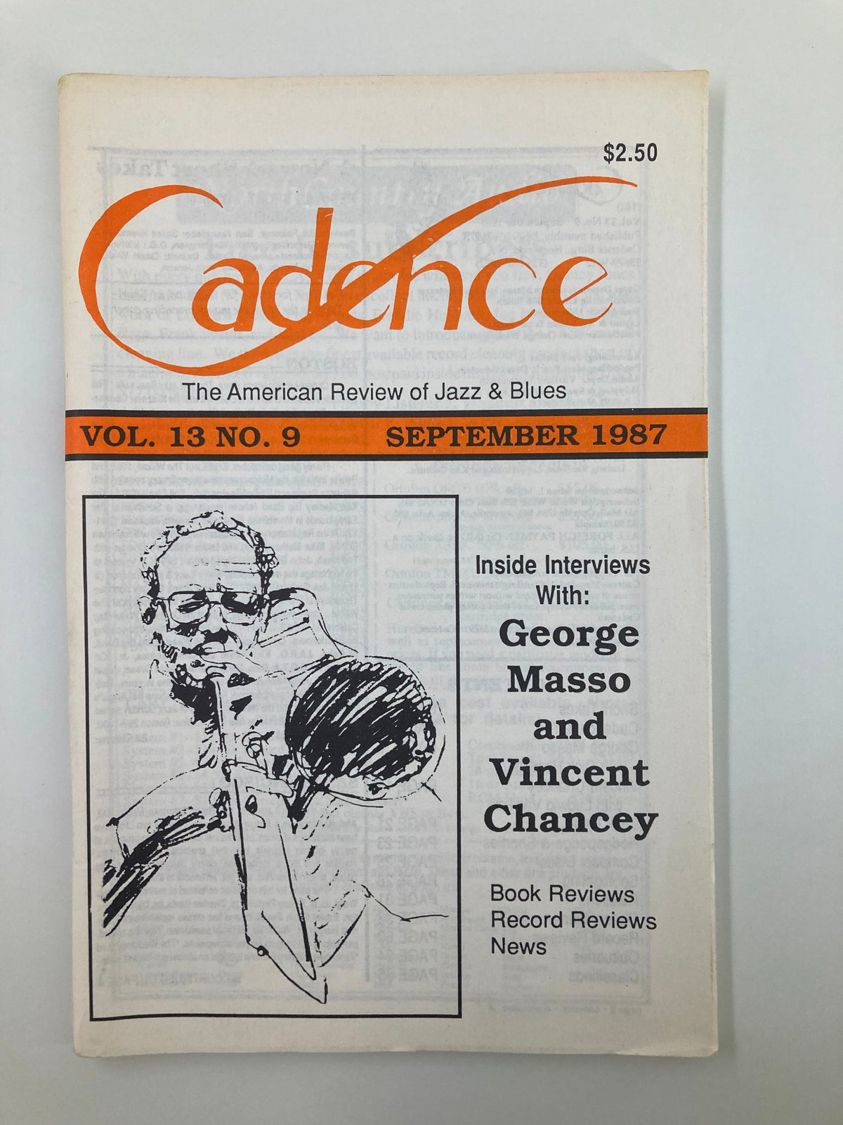 Cadence Jazz Magazine September 1987, Vol 13 #9 featuring a cover illustration and headlines about interviews with George Masso and Vincent Chancey. The magazine highlights the American review of jazz and blues.
