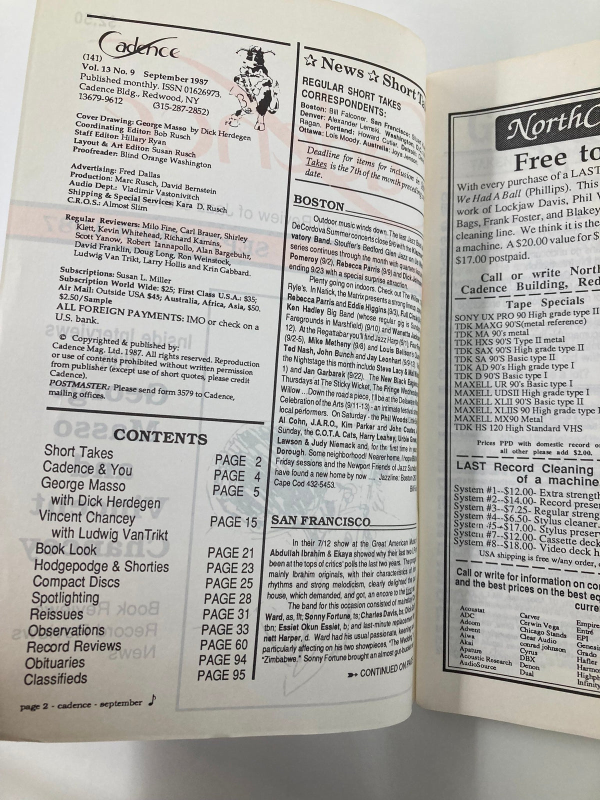 Interior page of VTG Cadence Jazz Magazine September 1987 Vol 13 #9, showcasing contents including articles on jazz musicians George Masso and Vincent Chancey, along with various features and advertisements relevant to jazz culture.