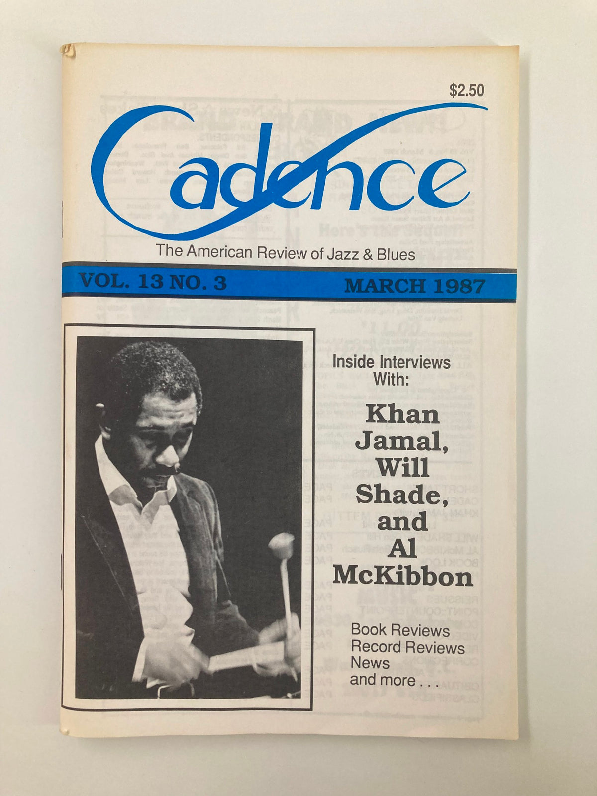 Cover of the VTG Cadence Jazz Magazine March 1987 Vol 13 No 3 featuring interviews with Khan Jamal, Will Shade, and Al McKibbon, showcasing insights into jazz culture and music.