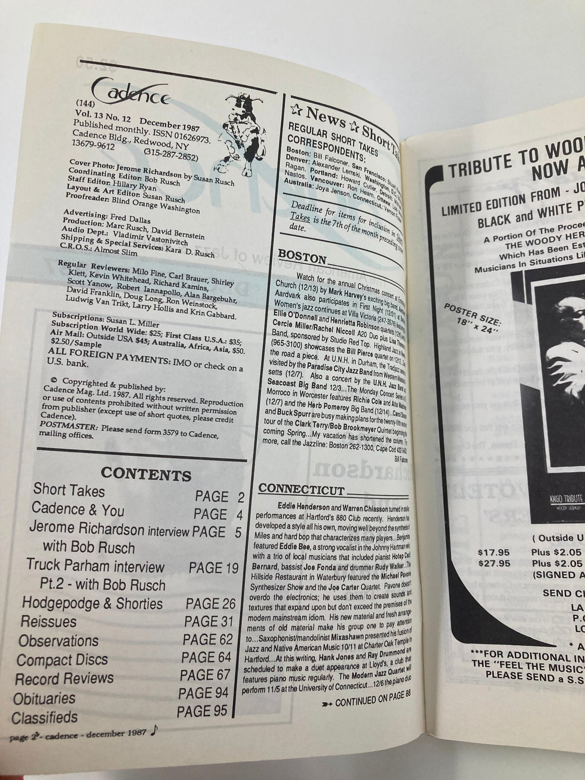 Inside page of VTG Cadence Jazz Magazine December 1987 Vol 13 #2, displaying contents and details about interviews with Jerome Richardson and Truck Parham, alongside an editorial section.