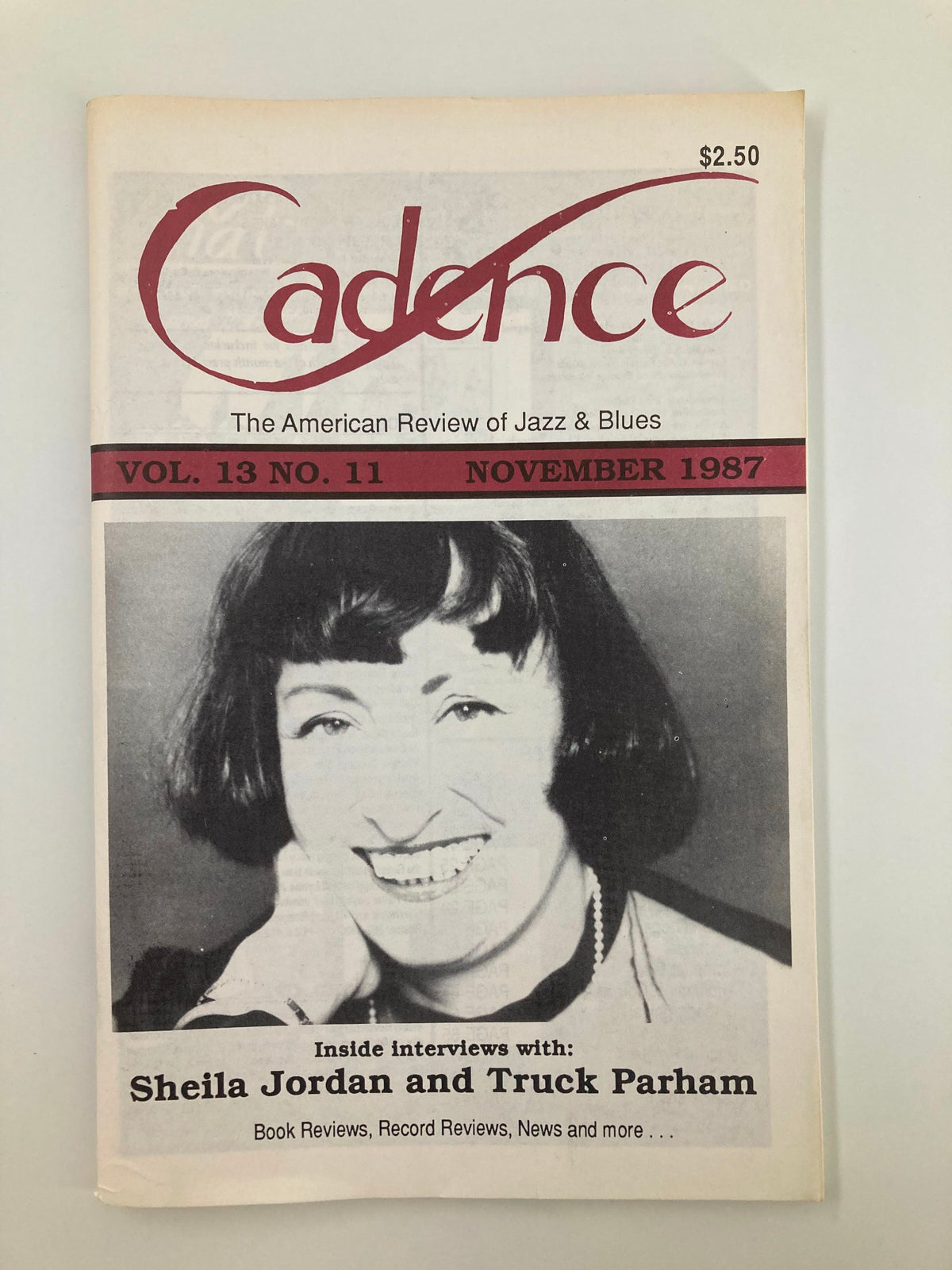 Cover of VTG Cadence Jazz Magazine November 1987 Vol 13 #11 featuring Sheila Jordan and Truck Parham, showcasing a black and white photograph of a smiling woman.