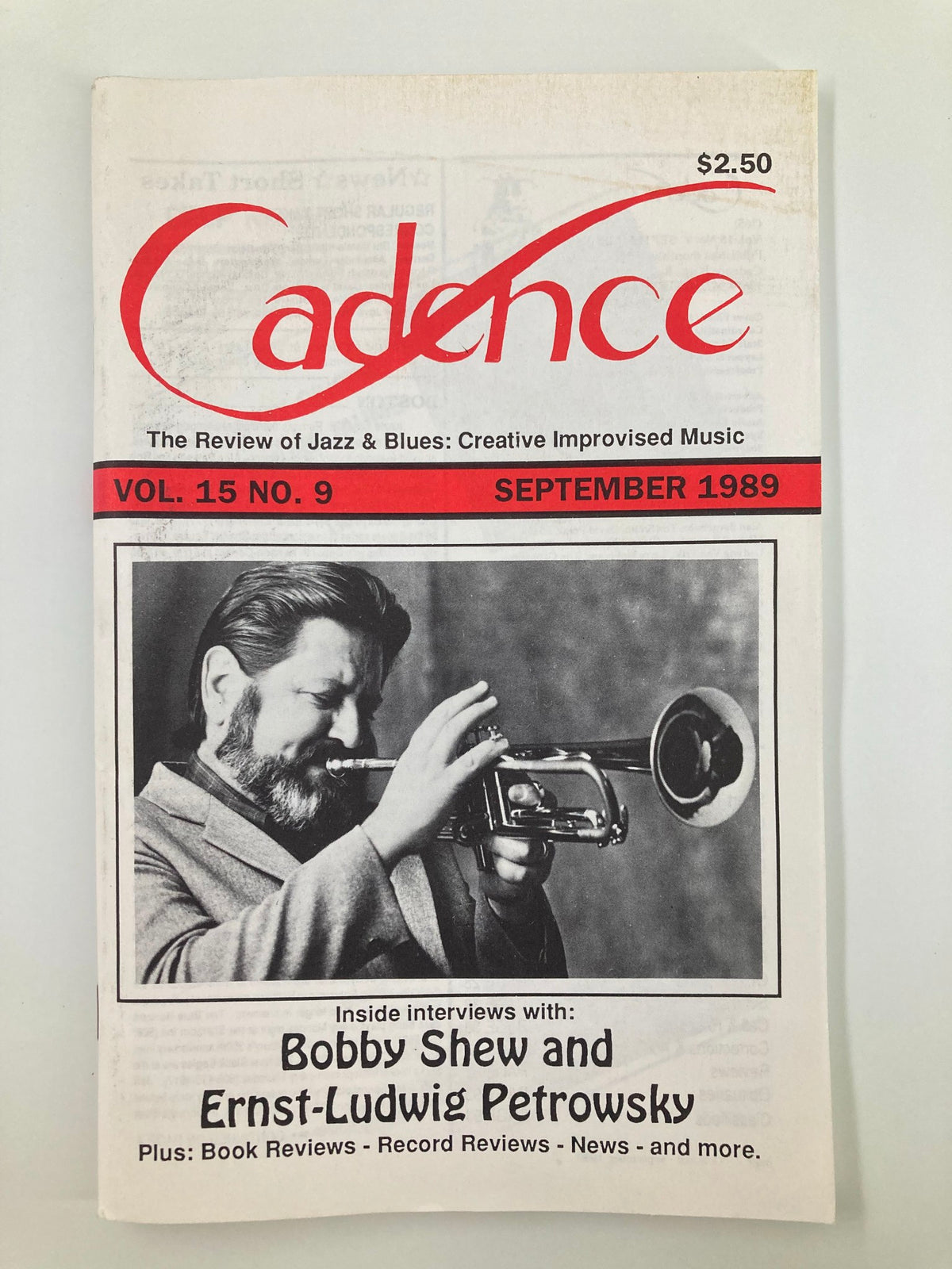 Cover of VTG Cadence Jazz Magazine September 1989 Vol 15 #9 featuring a black-and-white image of jazz trumpeter Bobby Shew. The magazine highlights inside interviews with Bobby Shew and Ernst-Ludwig Petrowsky, with additional content including book and record reviews.
