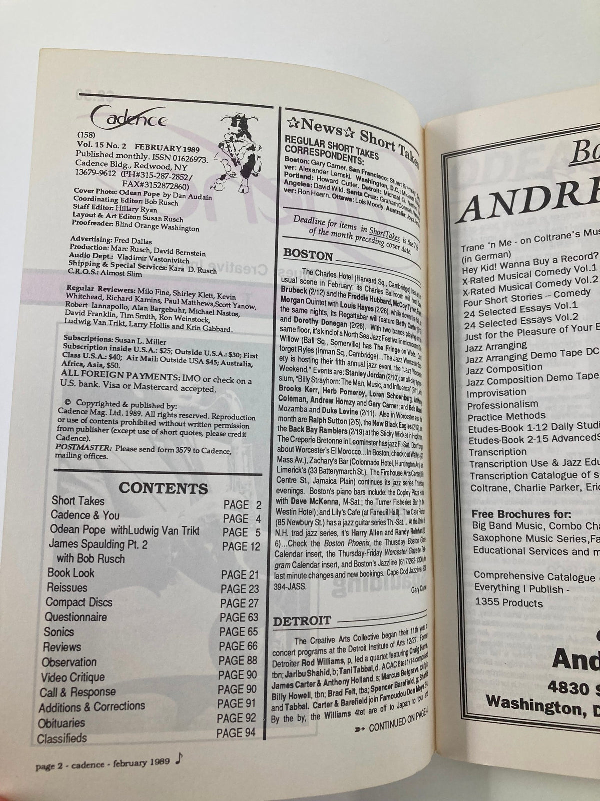 Interior page of VTG Cadence Jazz Magazine February 1989 Vol 15 #2 displaying content sections including Odean Pope and James Spaulding features.