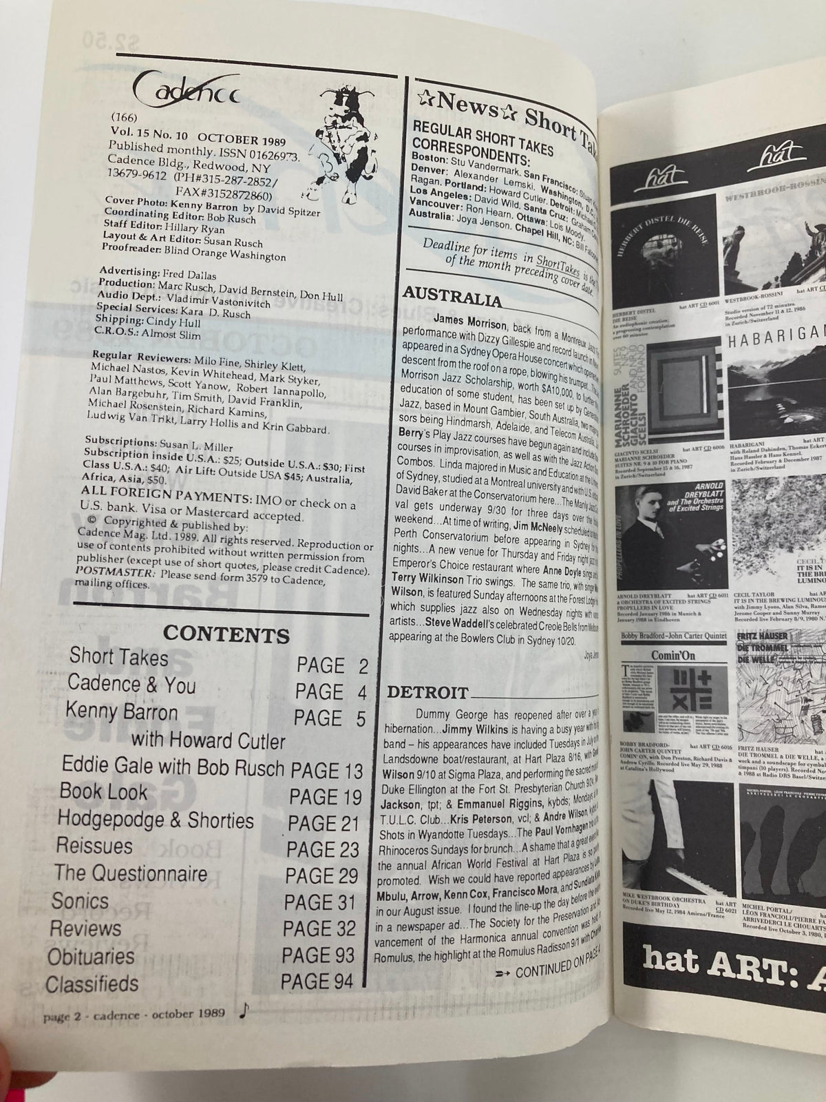 Inside page of VTG Cadence Jazz Magazine October 1989 Vol 15 #10 displaying the contents section, with features on artists like Kenny Barron and Eddie Gale, showcasing the magazine's dedication to jazz culture.